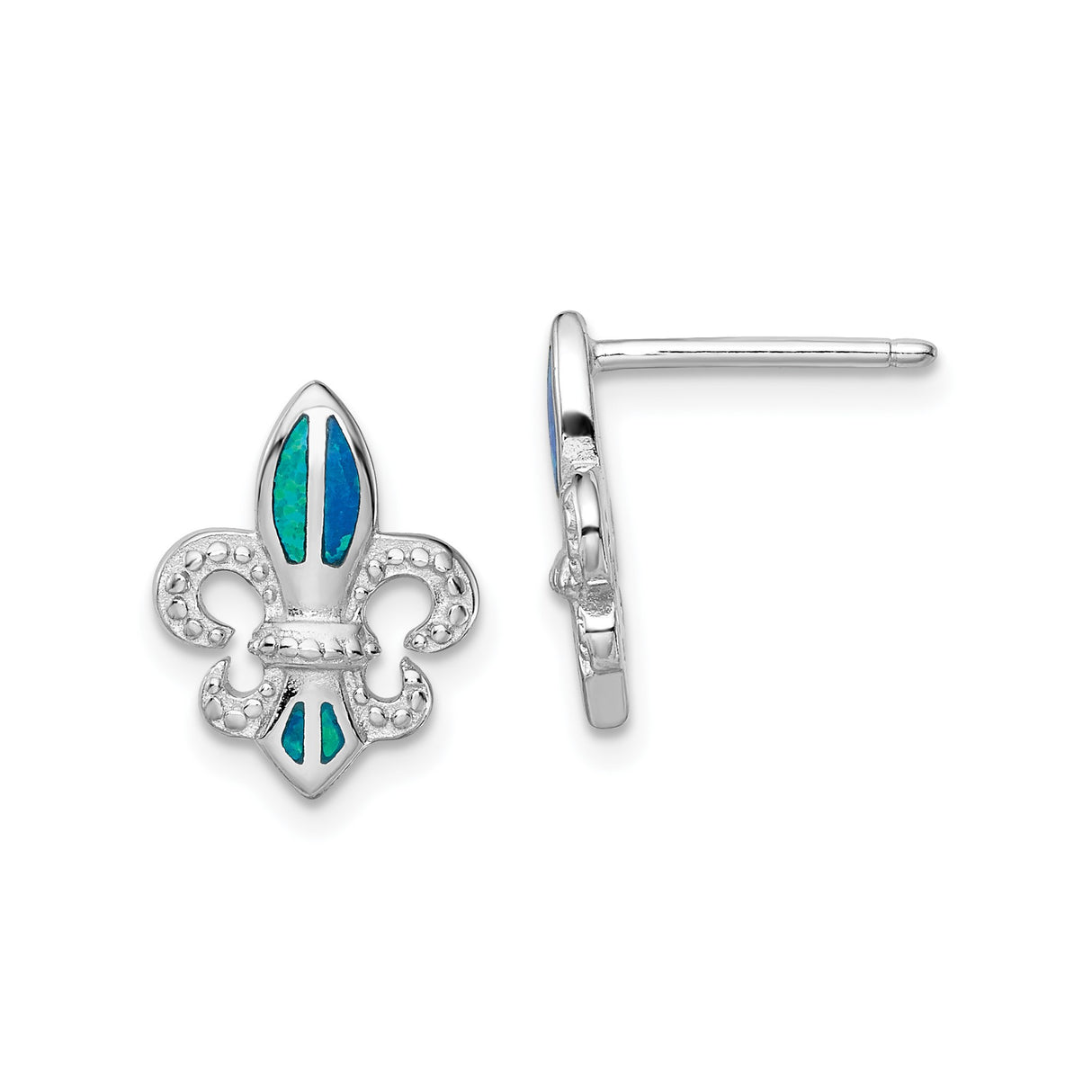 Sterling Silver Fleur-de-Lis Stud Earrings with Blue-Green Created Opal Inlay