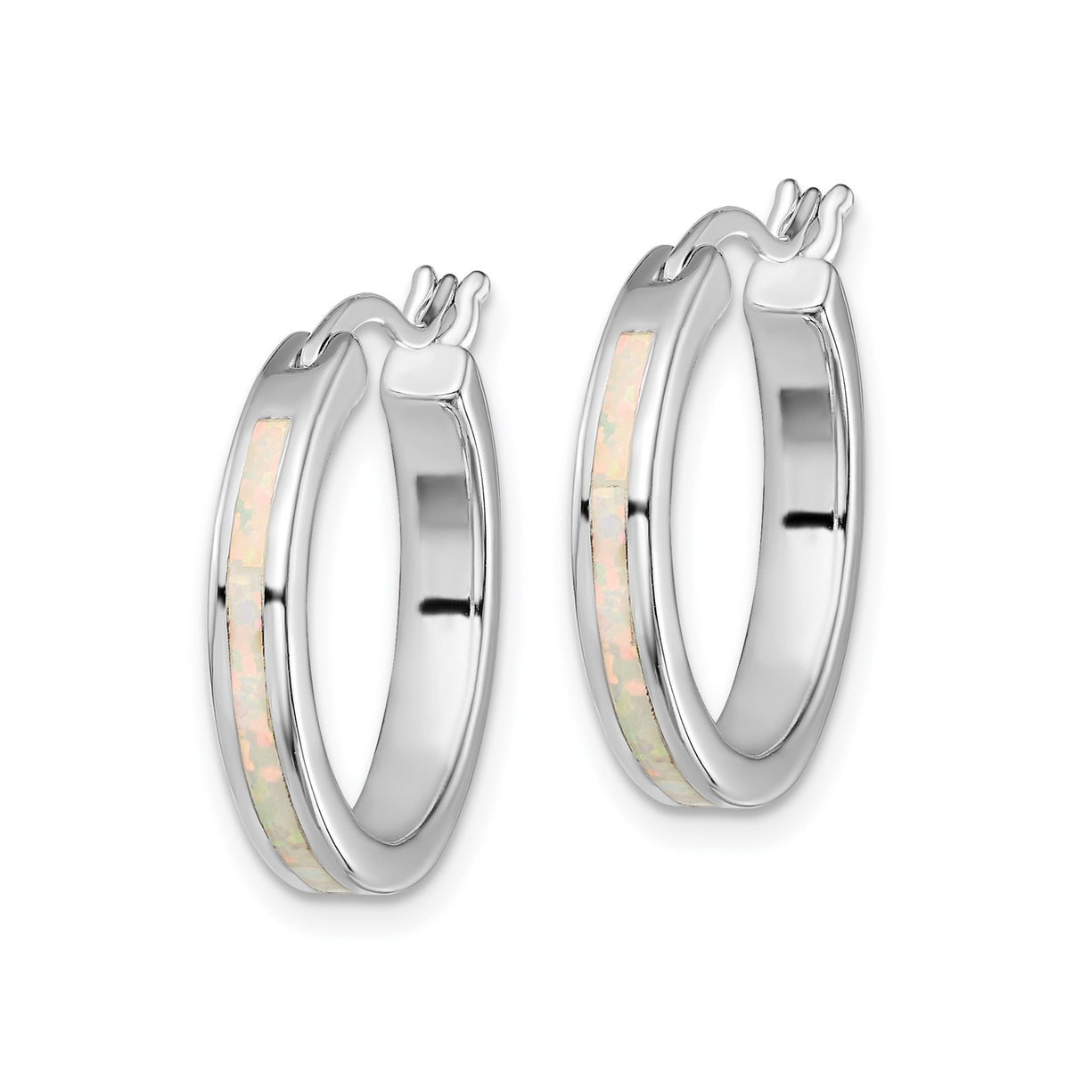 Sterling Silver Hoop Earrings with Created Opal Inlay, Minimalist Lightweight Design