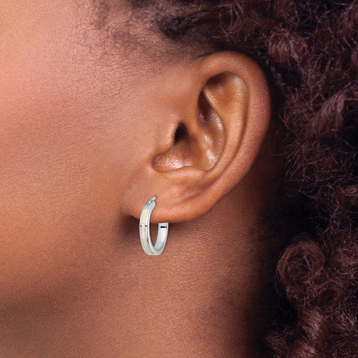 Sterling Silver Hoop Earrings with Created Opal Inlay, Minimalist Lightweight Design