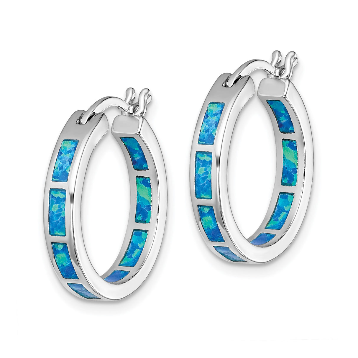 Sterling Silver Hoop Earrings with Created Opal Inlay, Modern Minimalist Design for Women