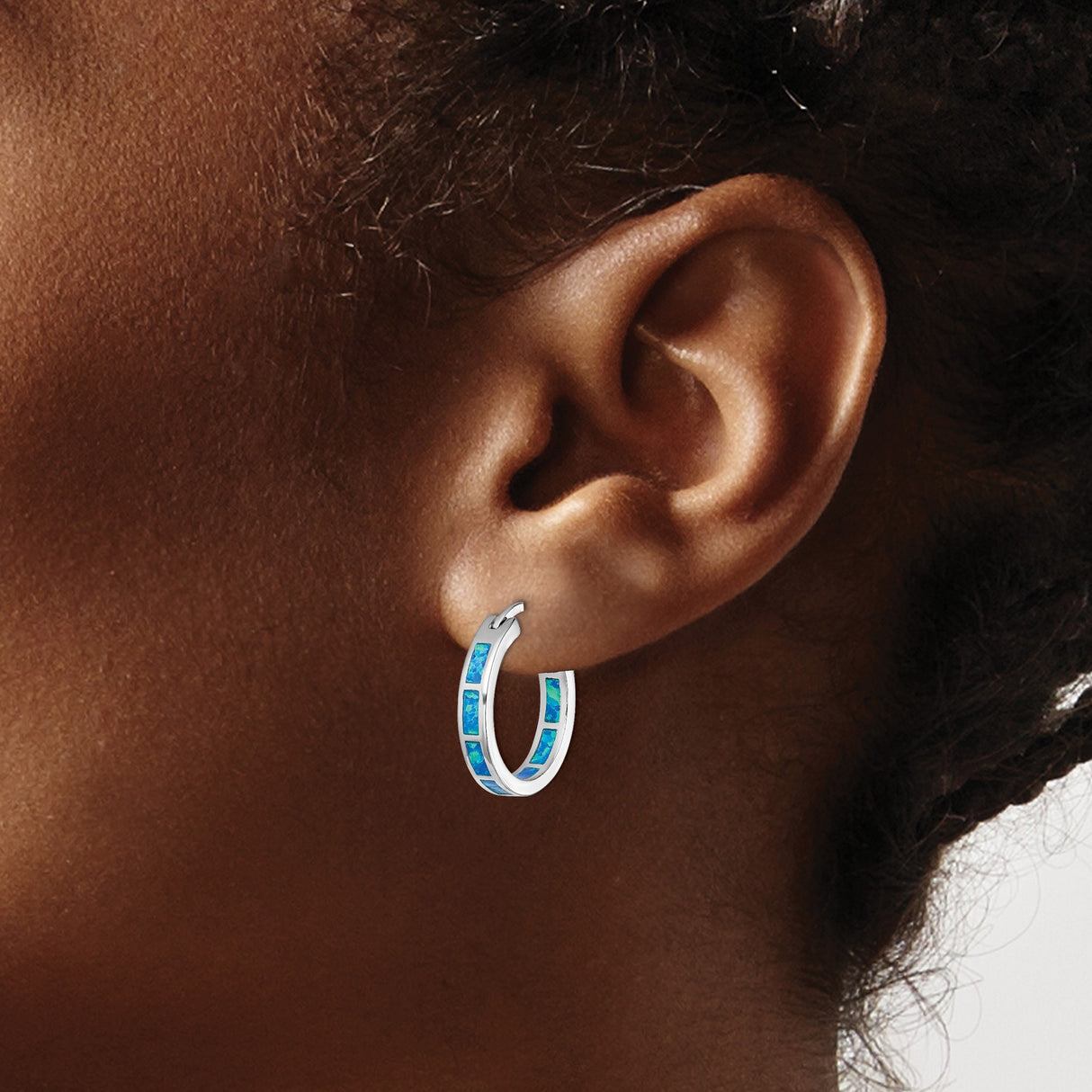 Sterling Silver Hoop Earrings with Created Opal Inlay, Modern Minimalist Design for Women