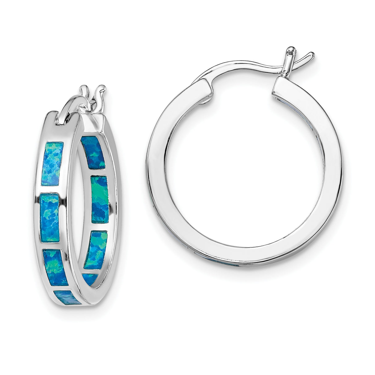 Sterling Silver Hoop Earrings with Created Opal Inlay, Modern Minimalist Design for Women
