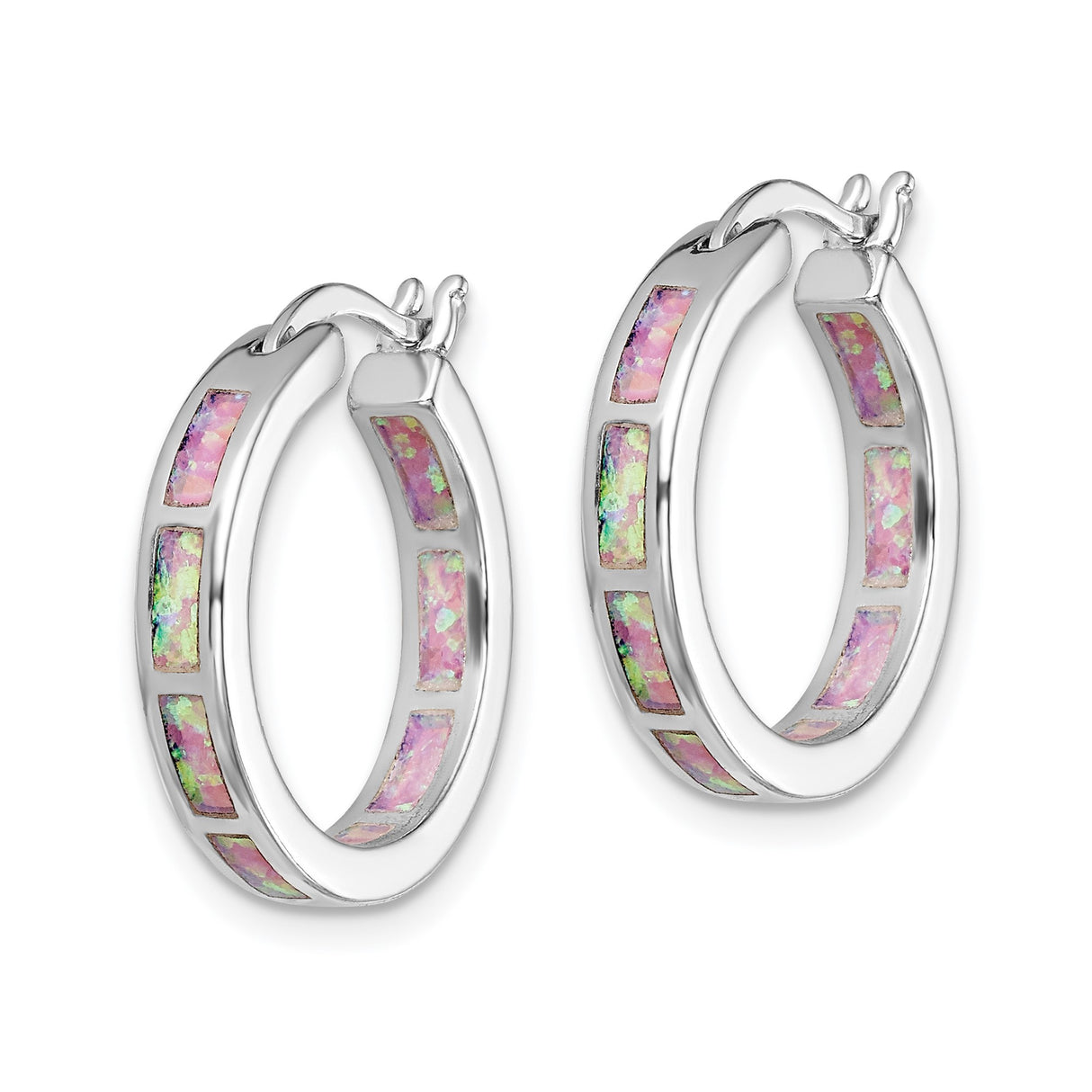 Sterling Silver Hoop Earrings with Created Opal Inlay, Pink and Green, Modern Style