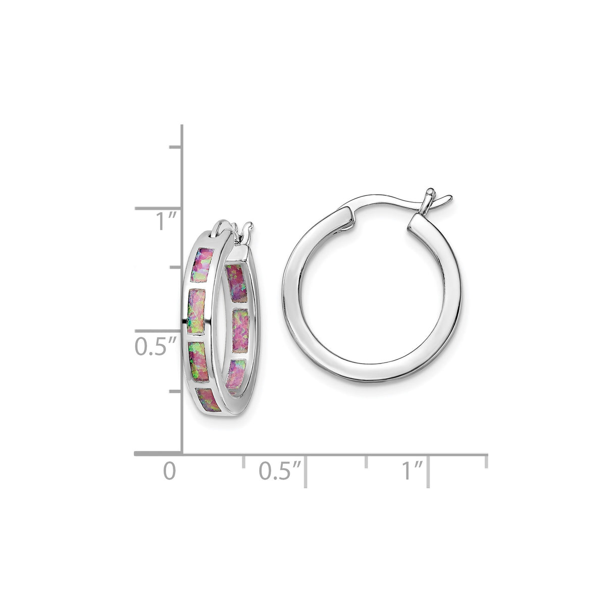 Sterling Silver Hoop Earrings with Created Opal Inlay, Pink and Green, Modern Style