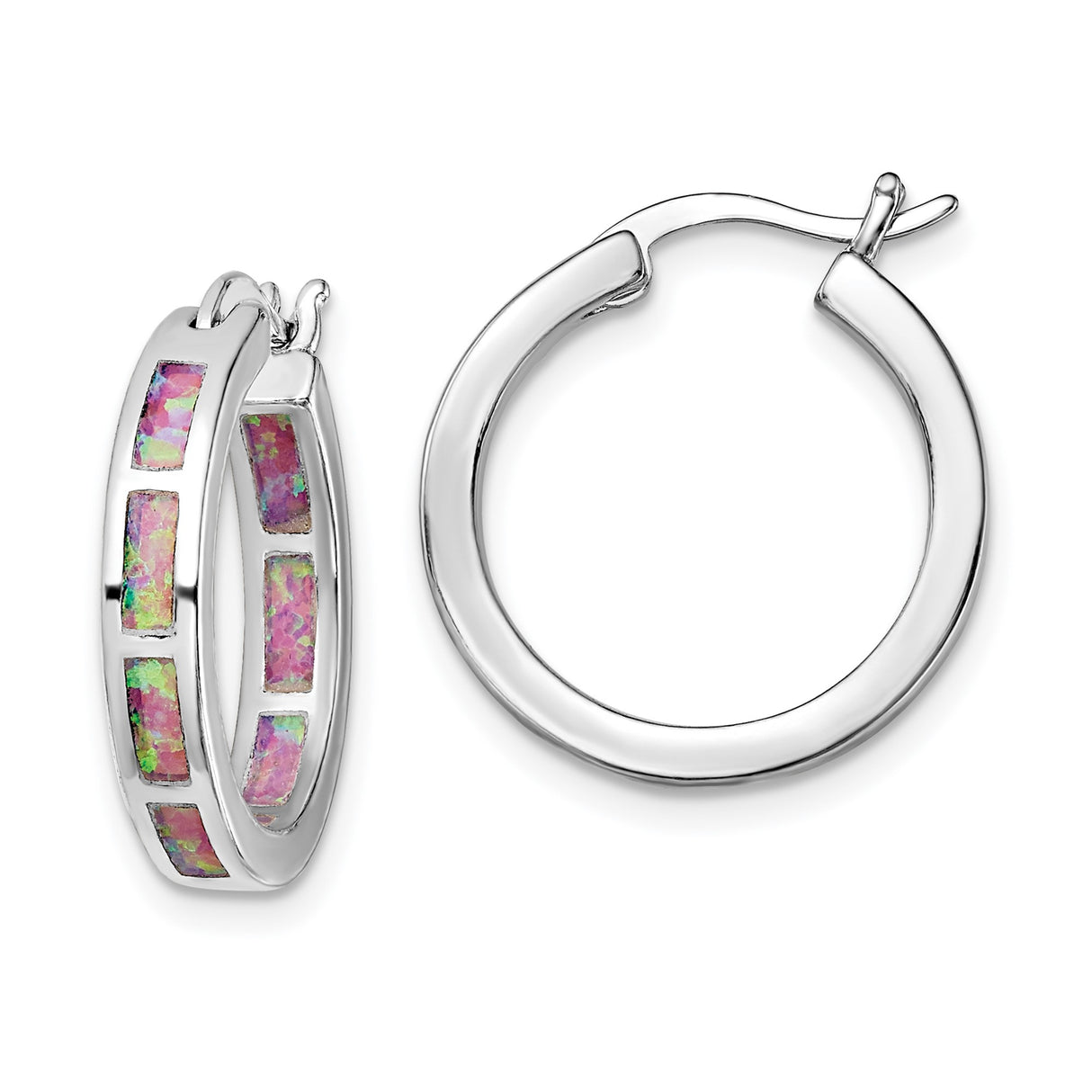 Sterling Silver Hoop Earrings with Created Opal Inlay, Pink and Green, Modern Style