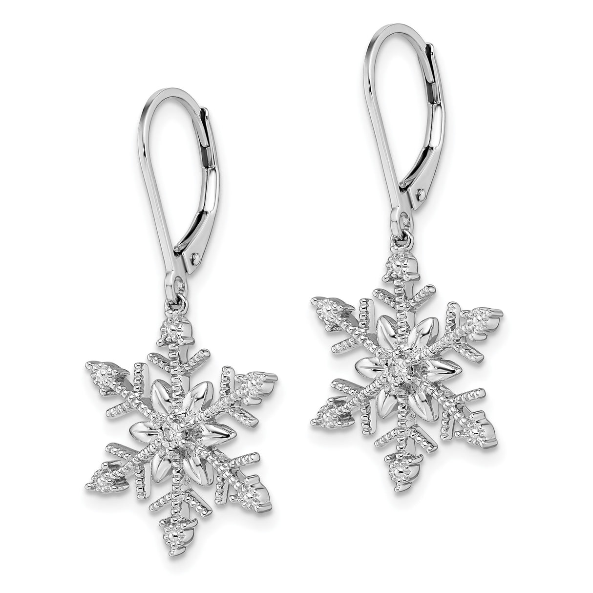 Sterling Silver Snowflake Dangle Earrings with Clear Diamond Stones, Leverback Holiday Jewelry