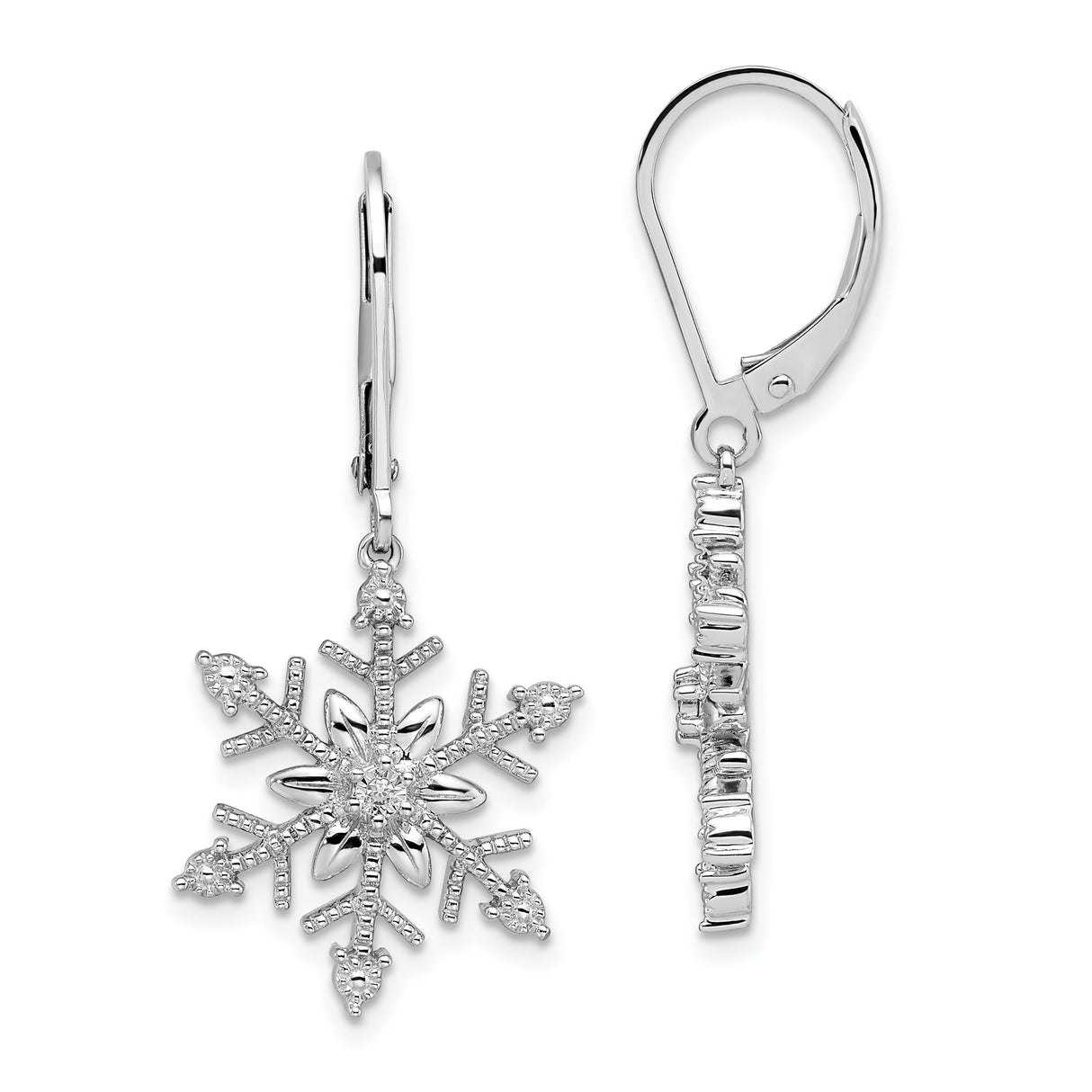 Sterling Silver Snowflake Dangle Earrings with Clear Diamond Stones, Leverback Holiday Jewelry