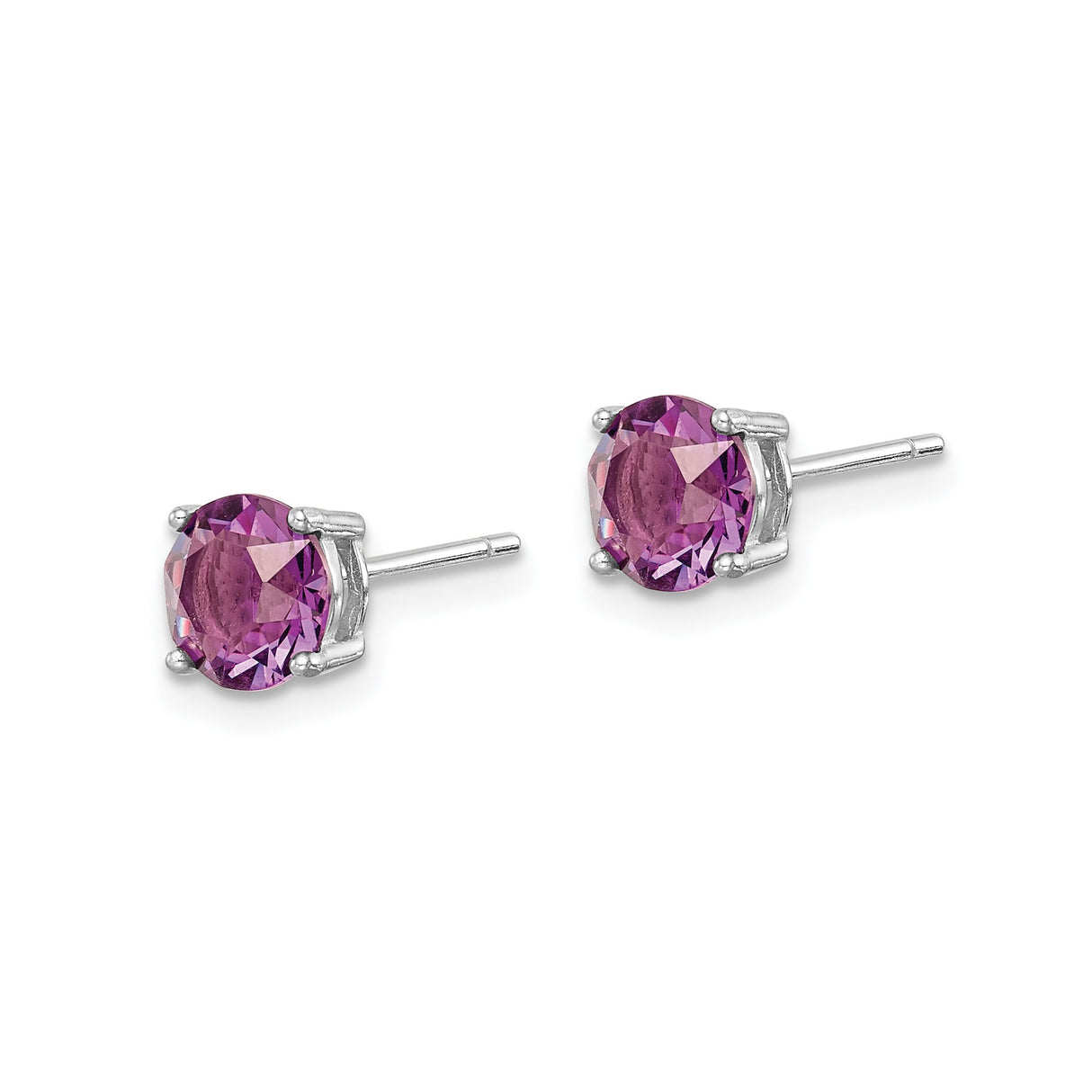 Sterling Silver Stud Earrings with Round Cut Purple Crystal in Four-Prong Setting