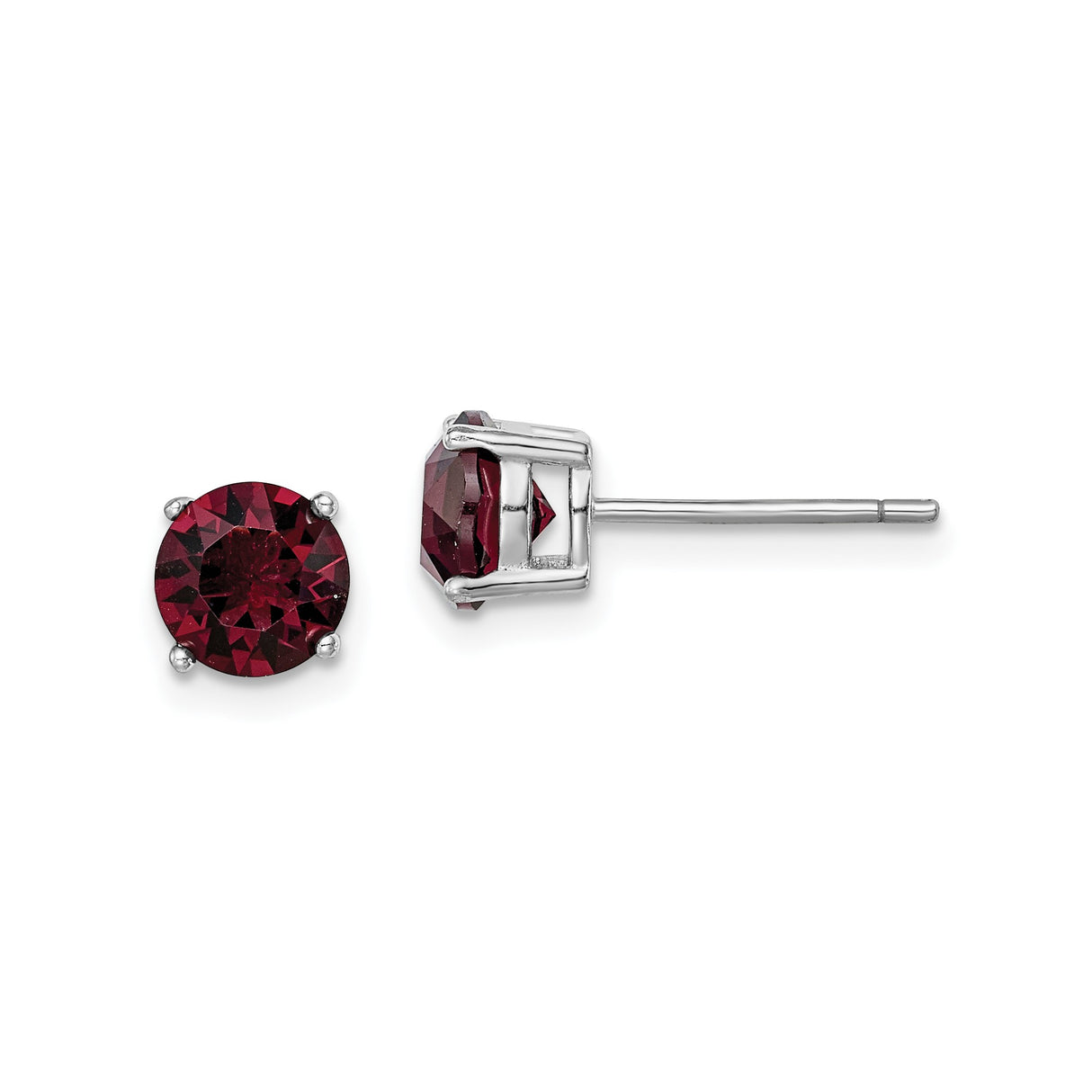 Sterling Silver Garnet Stud Earrings, Round Cut, Four Prong Setting, January Birthstone Style