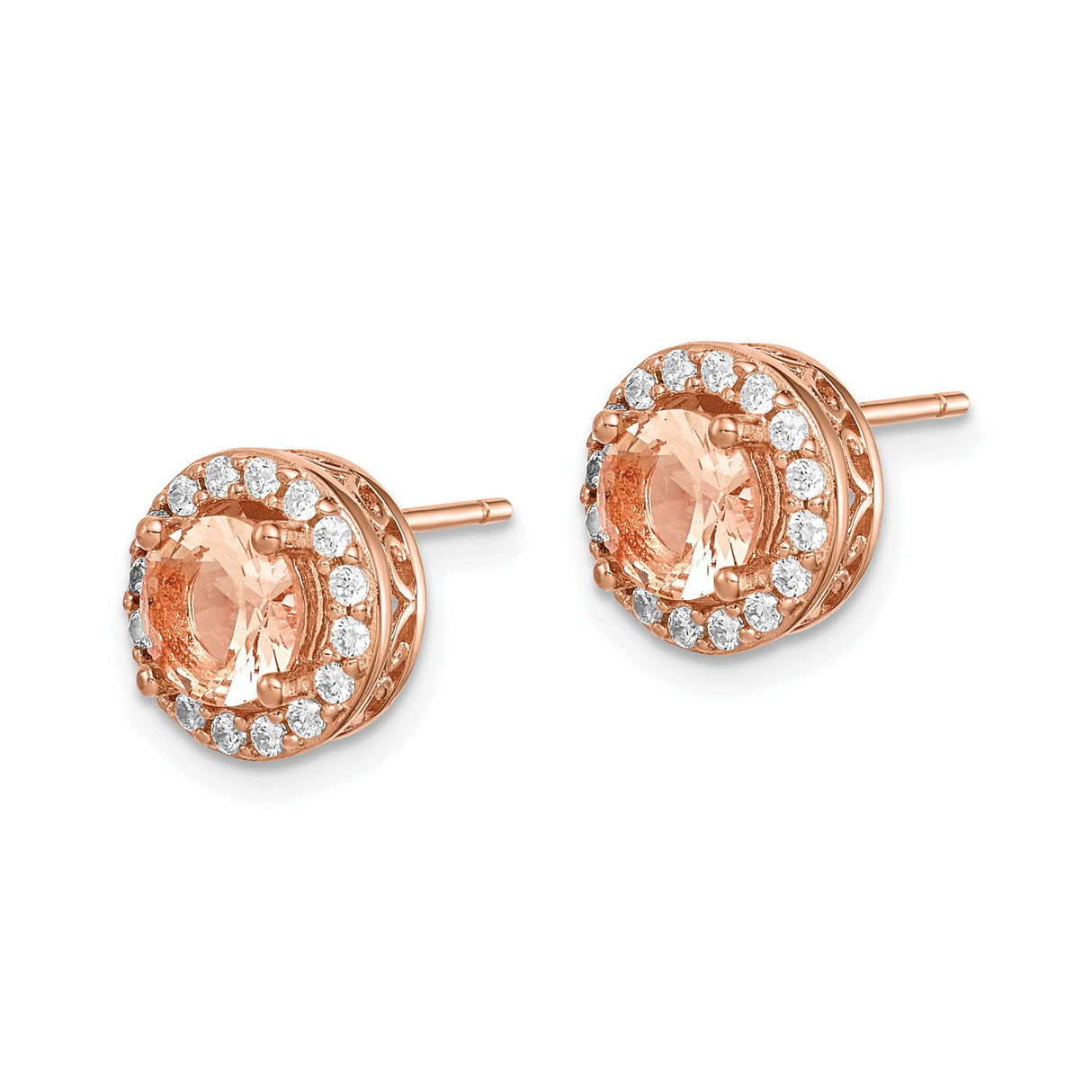 Sterling Silver Halo Stud Earrings with Champagne Cubic Zirconia and Filigree Heart Detailing