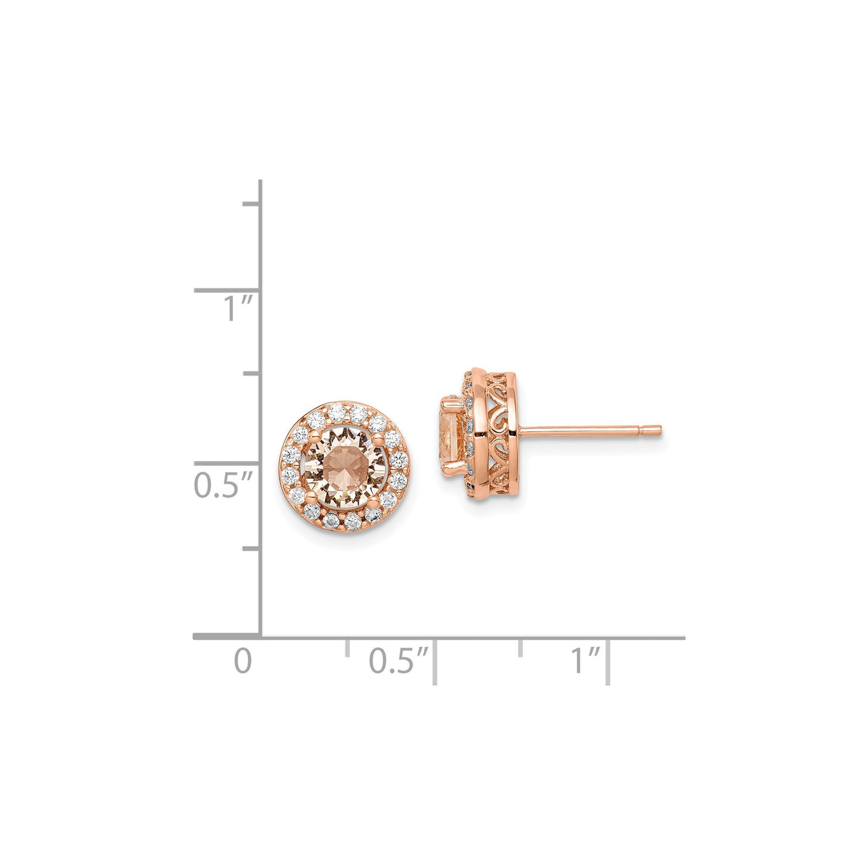Sterling Silver Halo Stud Earrings with Champagne Cubic Zirconia and Filigree Heart Detailing