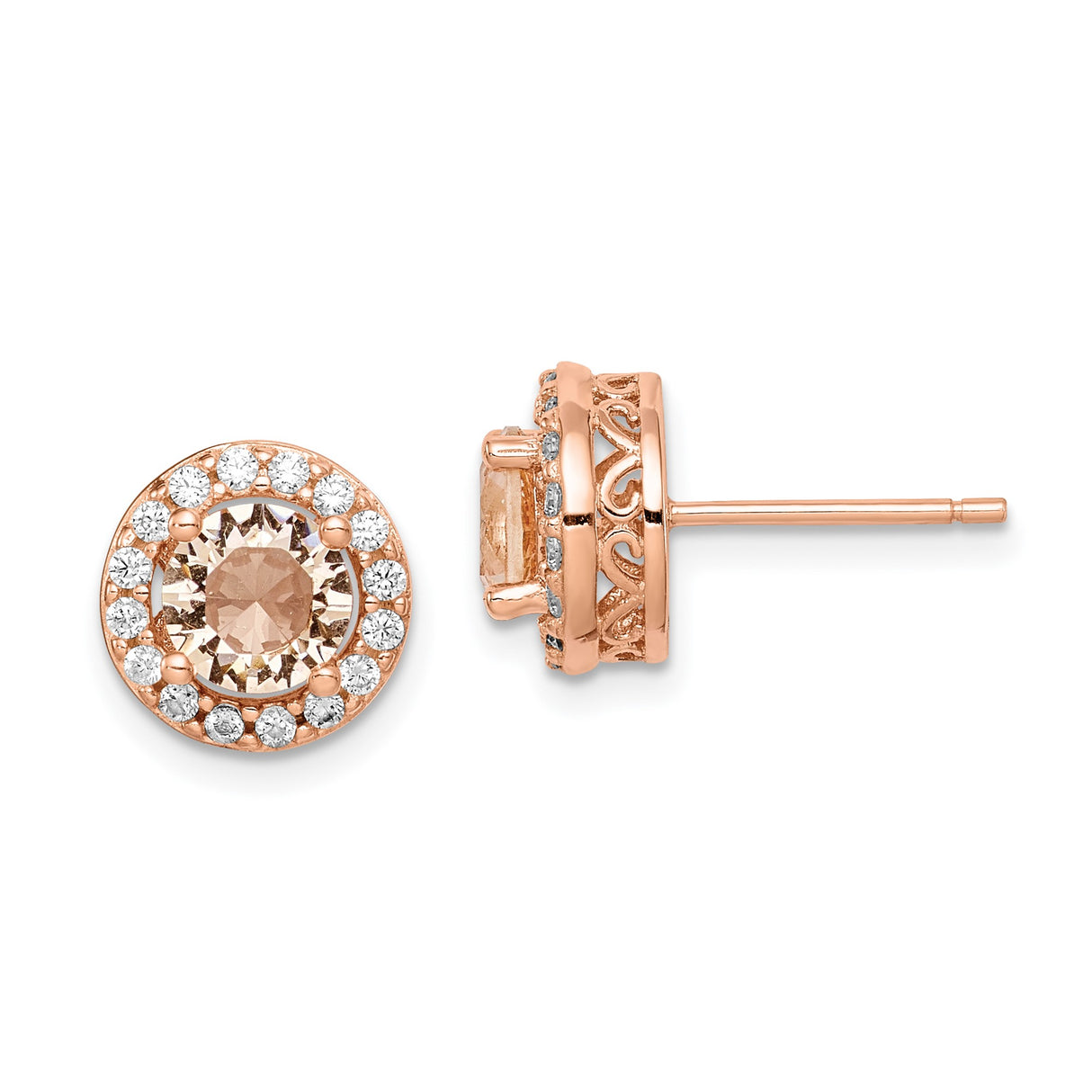 Sterling Silver Halo Stud Earrings with Champagne Cubic Zirconia and Filigree Heart Detailing