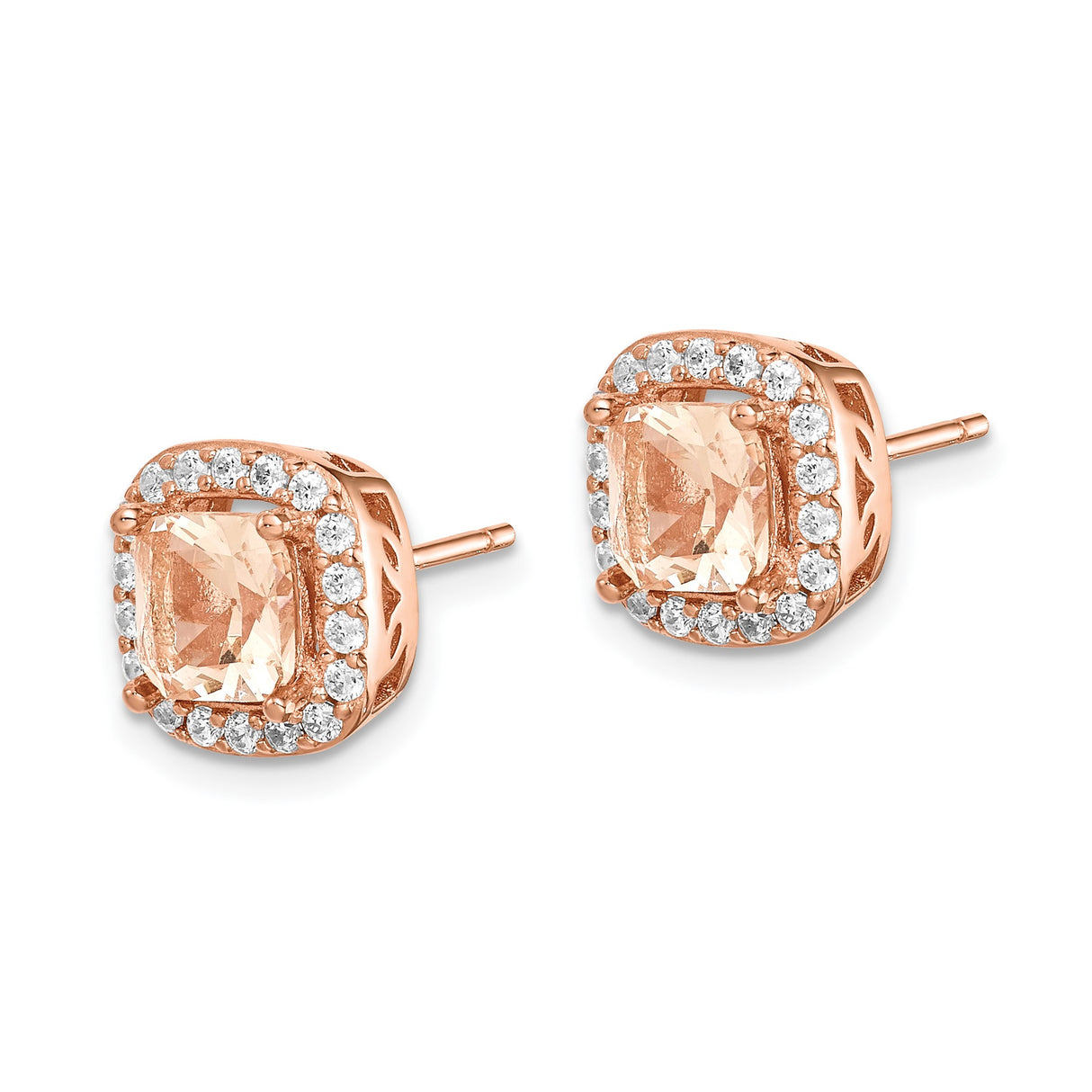 Sterling Silver Rose Gold Plated Stud Earrings with Cushion Cut Champagne Cubic Zirconia Halo
