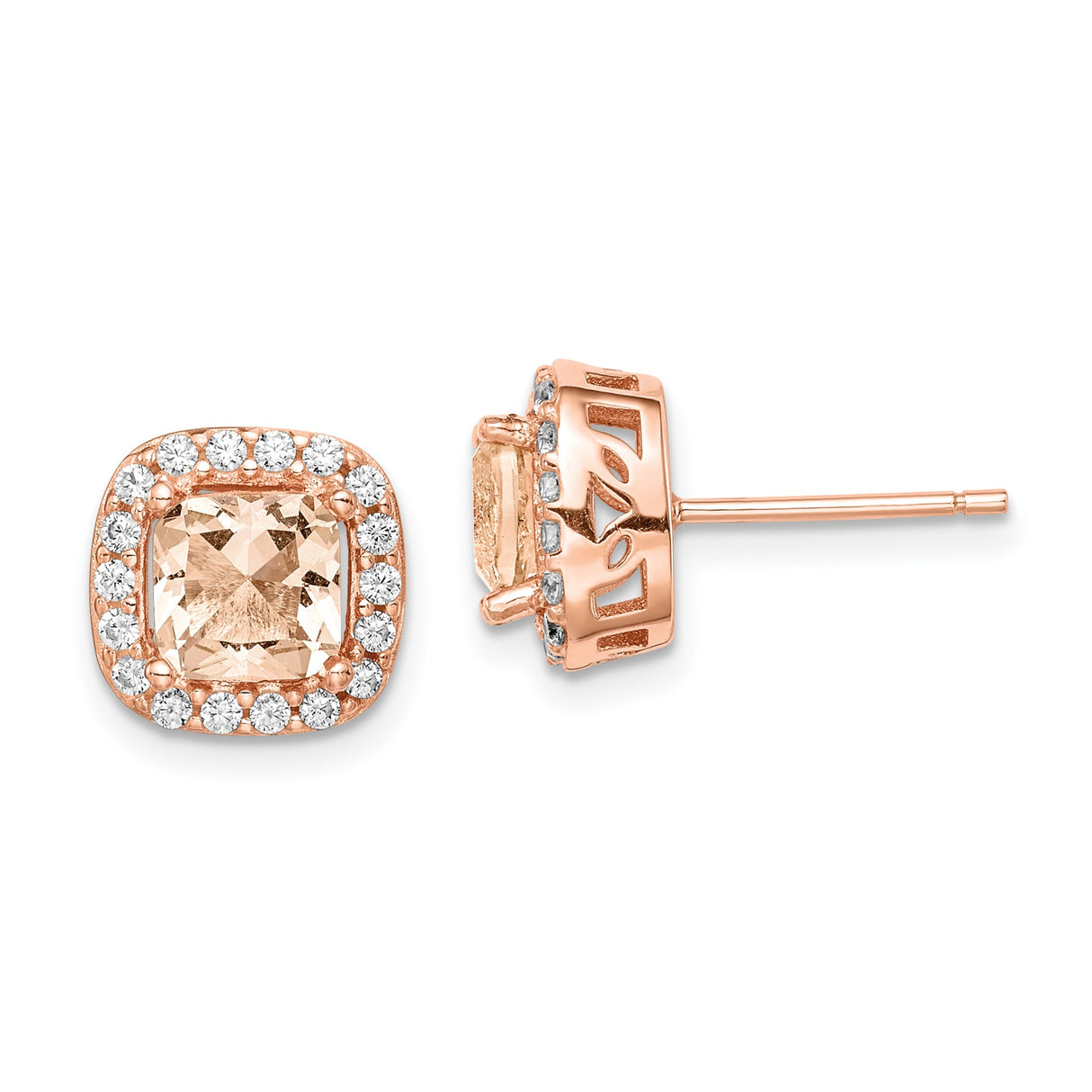 Sterling Silver Rose Gold Plated Stud Earrings with Cushion Cut Champagne Cubic Zirconia Halo