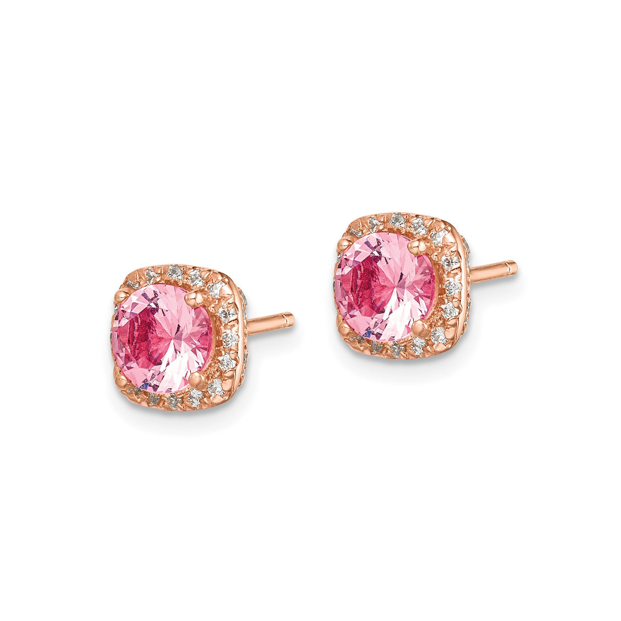 Sterling Silver Stud Earrings with Pink Cubic Zirconia Center and Halo Design