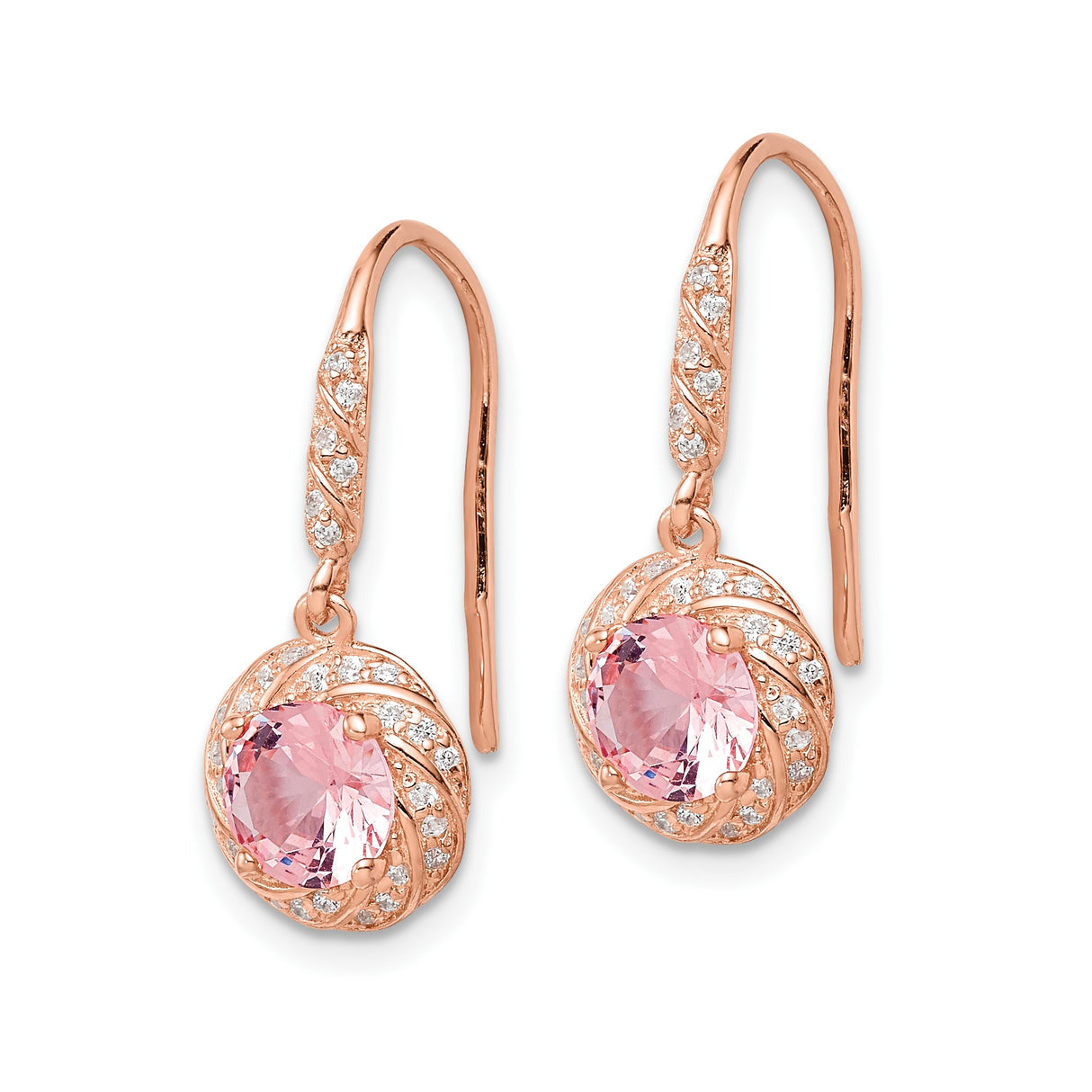 Sterling Silver Rose Gold Plated Dangle Earrings with Pink Crystal and Swirling Zirconia Accents