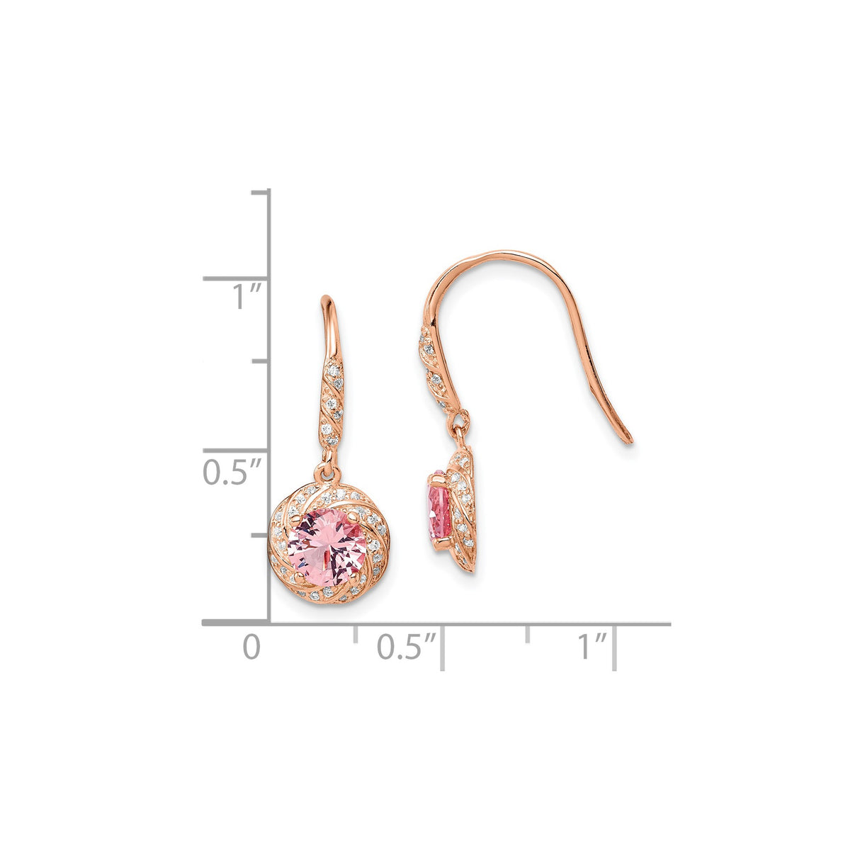 Sterling Silver Rose Gold Plated Dangle Earrings with Pink Crystal and Swirling Zirconia Accents