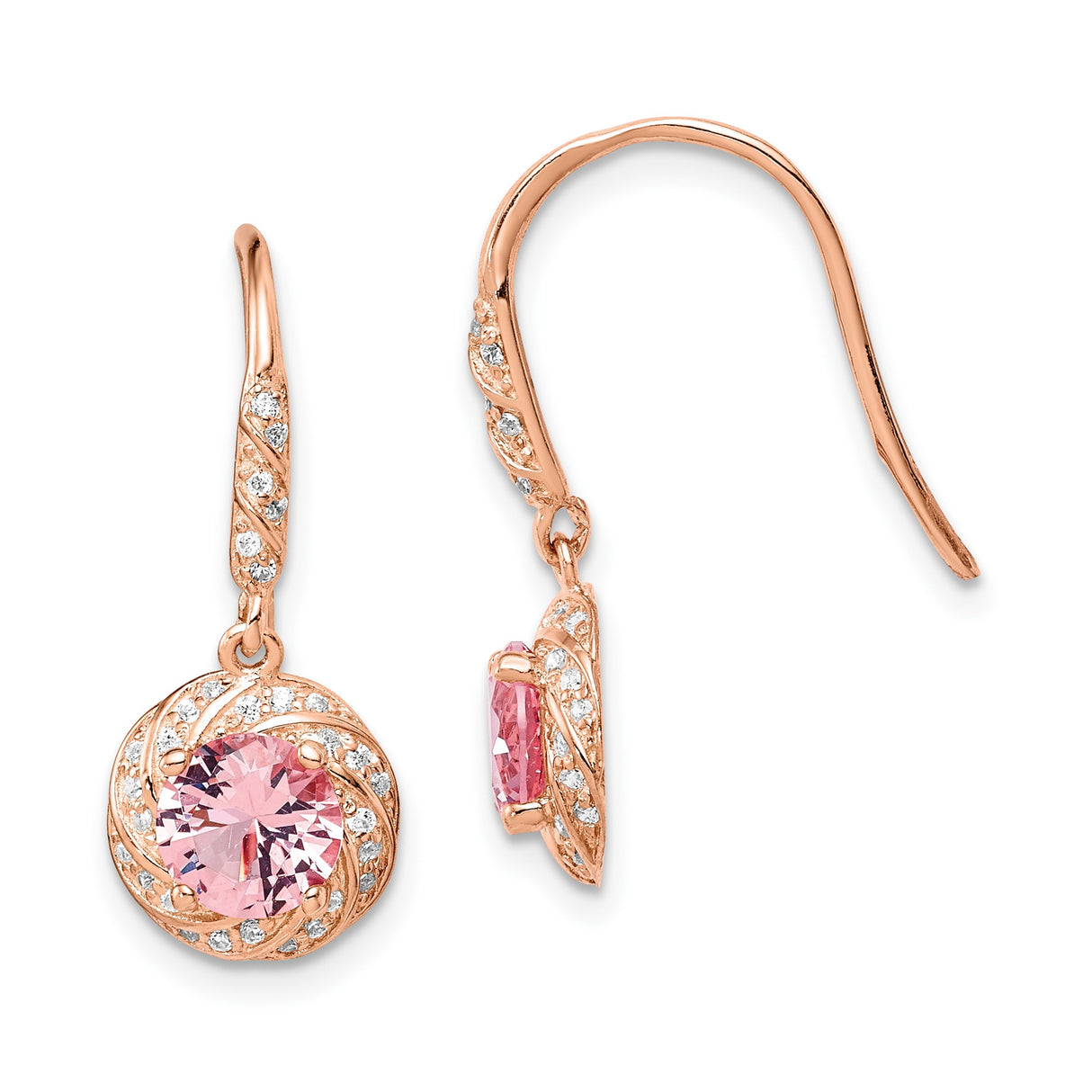 Sterling Silver Rose Gold Plated Dangle Earrings with Pink Crystal and Swirling Zirconia Accents
