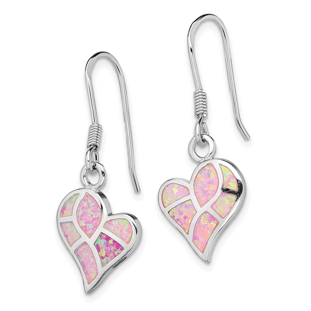 Sterling Silver Heart Shaped Dangle Earrings with Pink Created Opal Mosaic Design