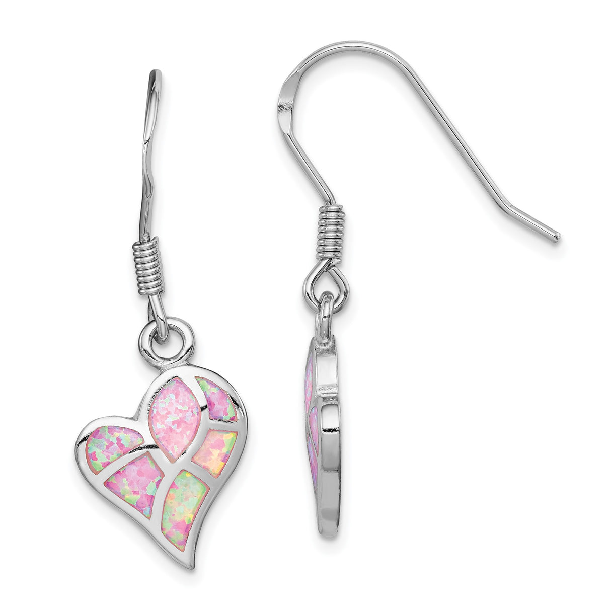 Sterling Silver Heart Shaped Dangle Earrings with Pink Created Opal Mosaic Design