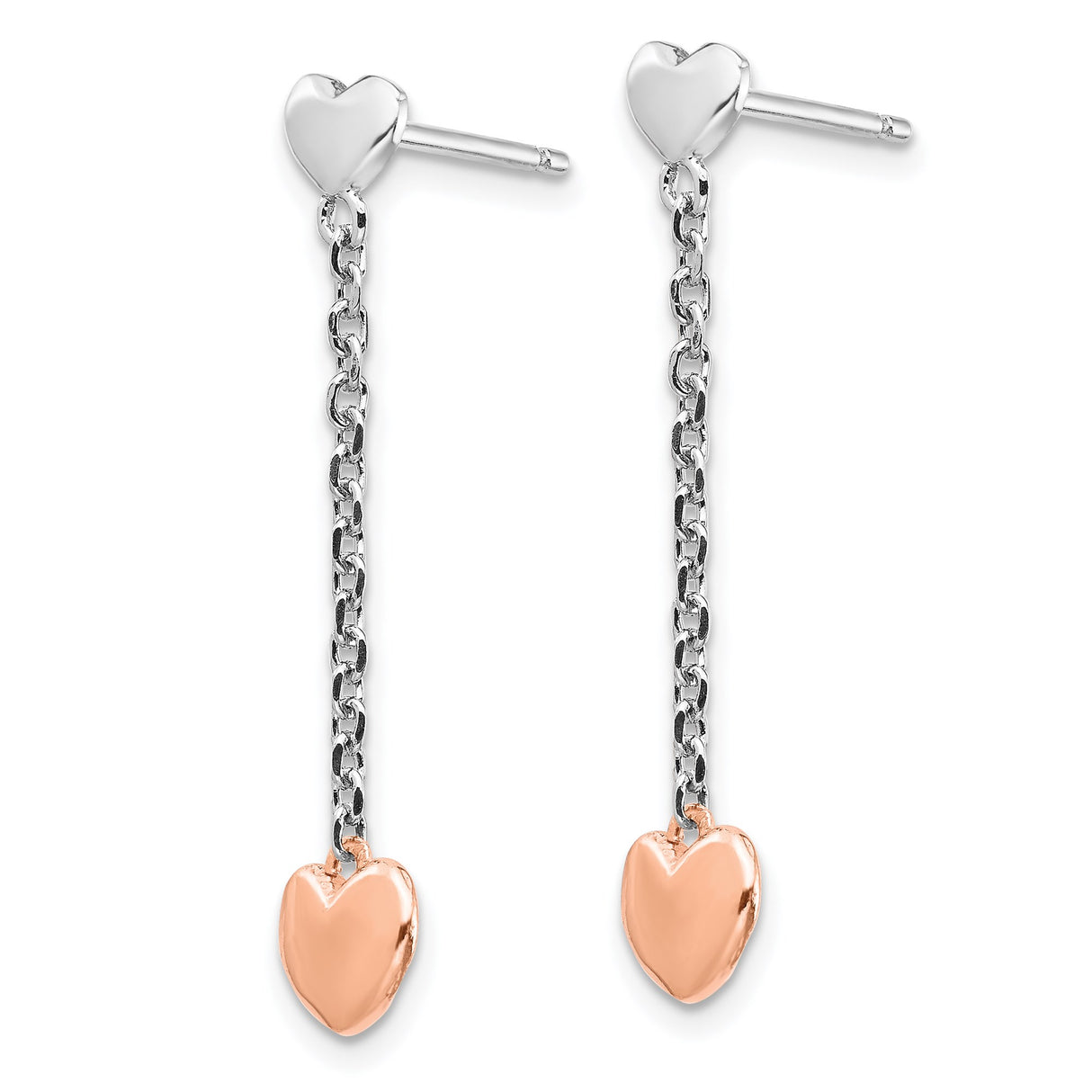 Sterling Silver Dangle Heart Earrings with Rose Gold Plated Charms, Long Chain Drop Design