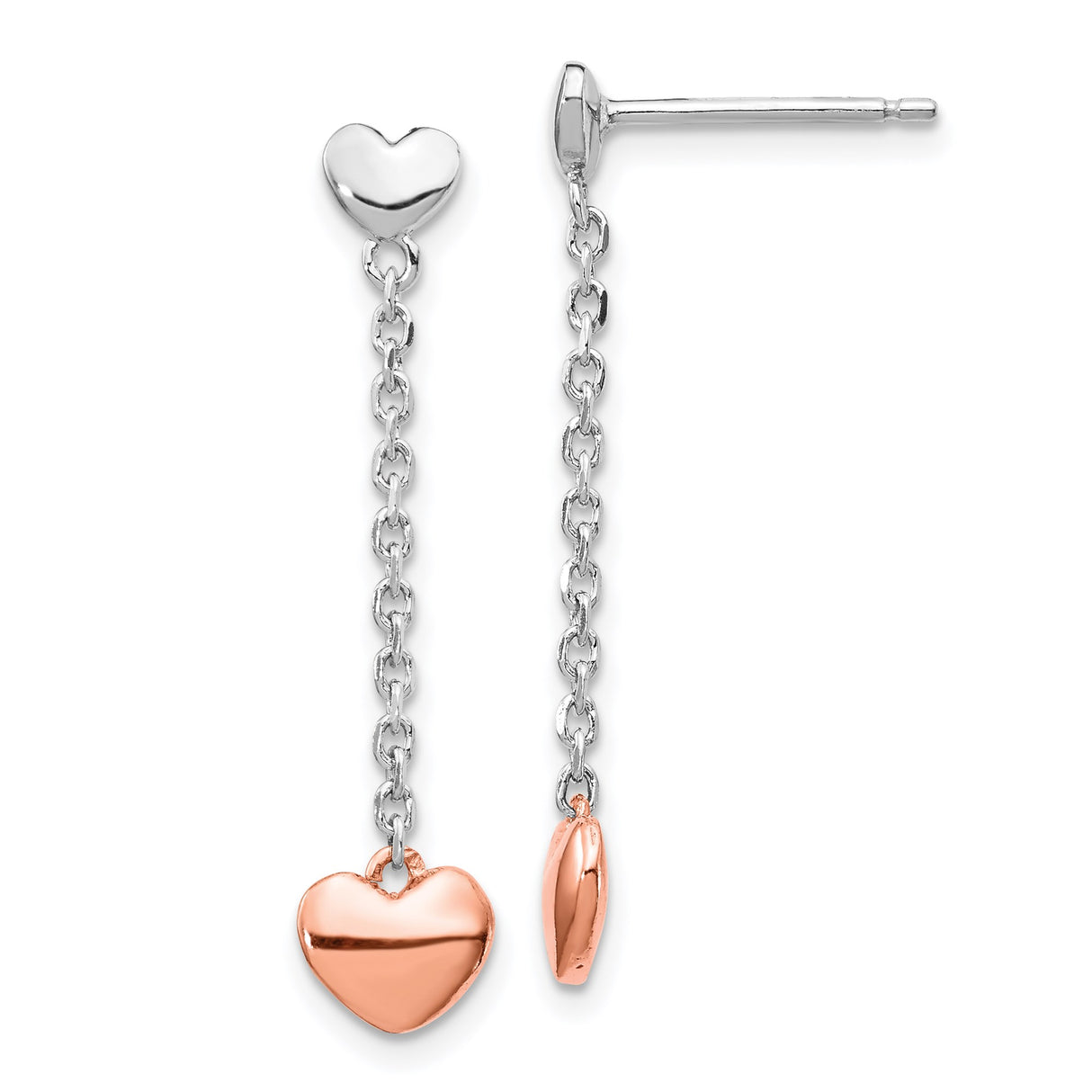 Sterling Silver Dangle Heart Earrings with Rose Gold Plated Charms, Long Chain Drop Design