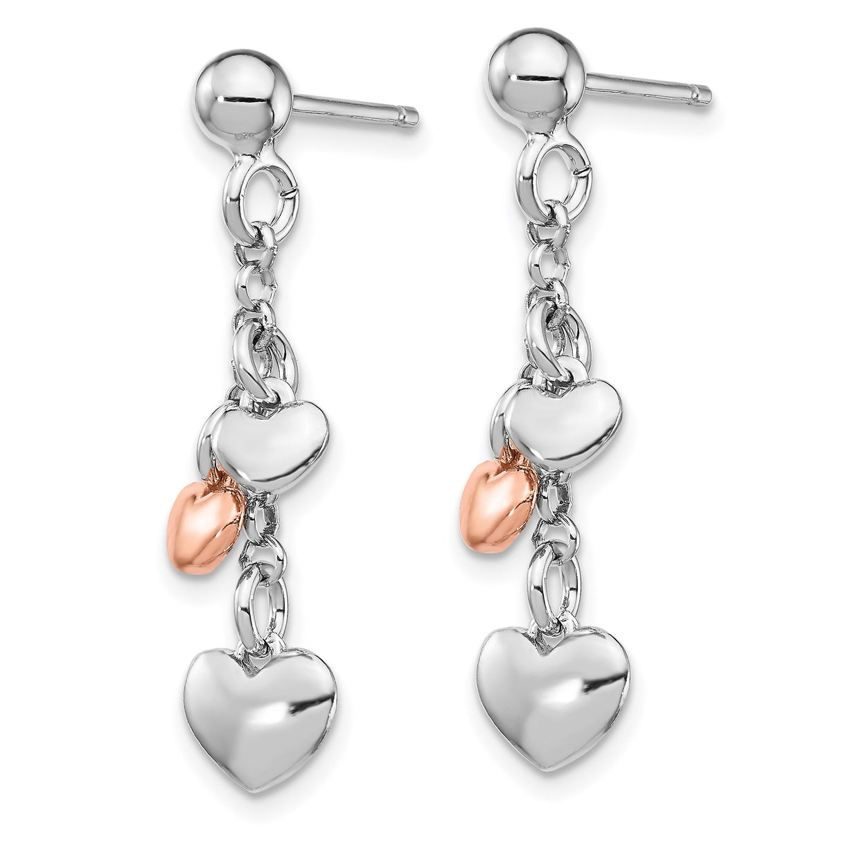 Sterling Silver Dangle Earrings with Multi Heart Charms in Rose Gold and Silver Tone