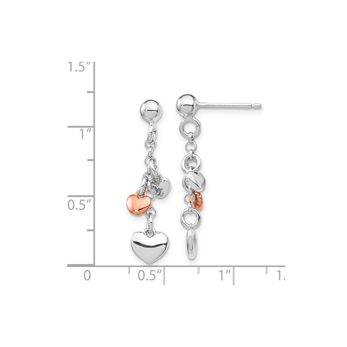 Sterling Silver Dangle Earrings with Multi Heart Charms in Rose Gold and Silver Tone