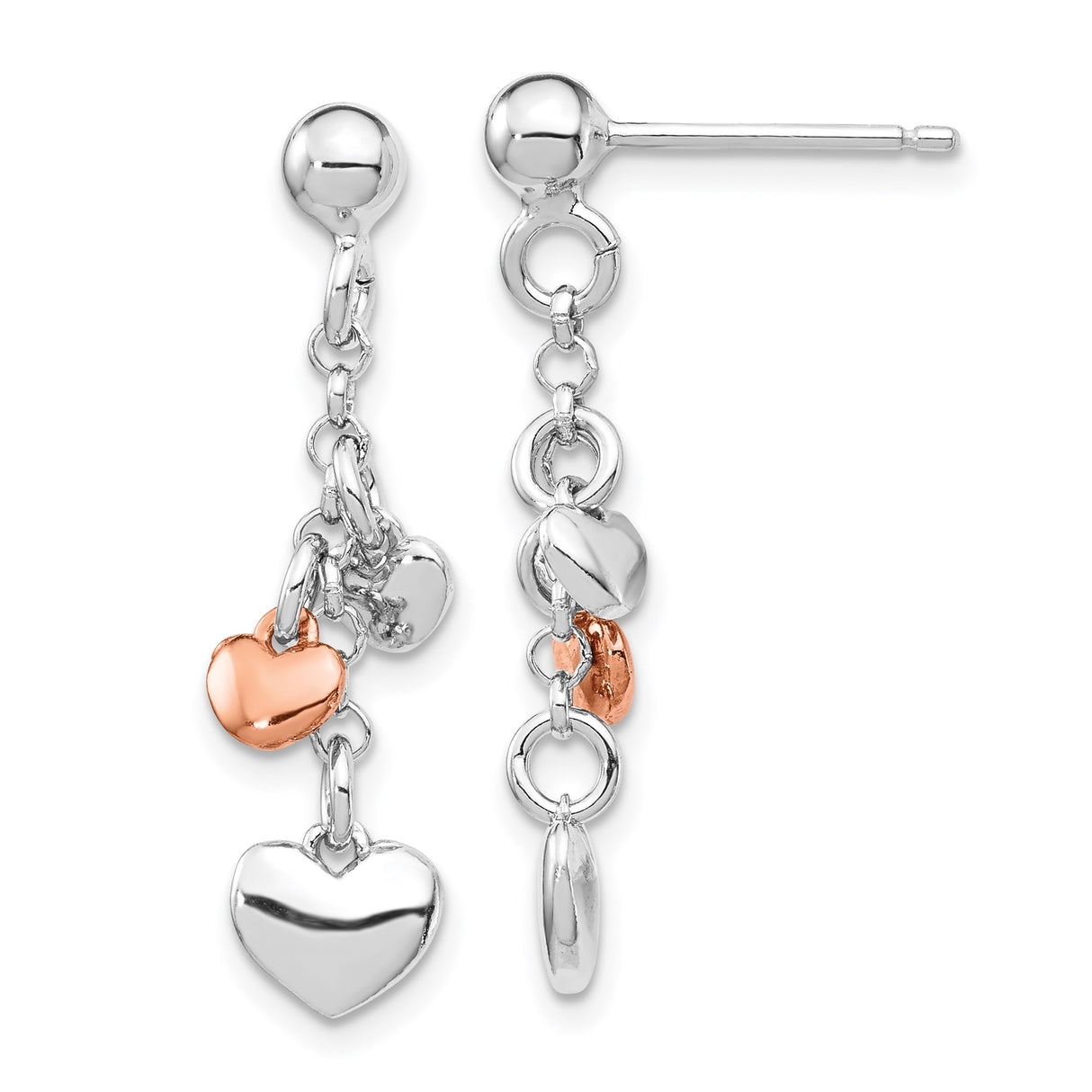 Sterling Silver Dangle Earrings with Multi Heart Charms in Rose Gold and Silver Tone