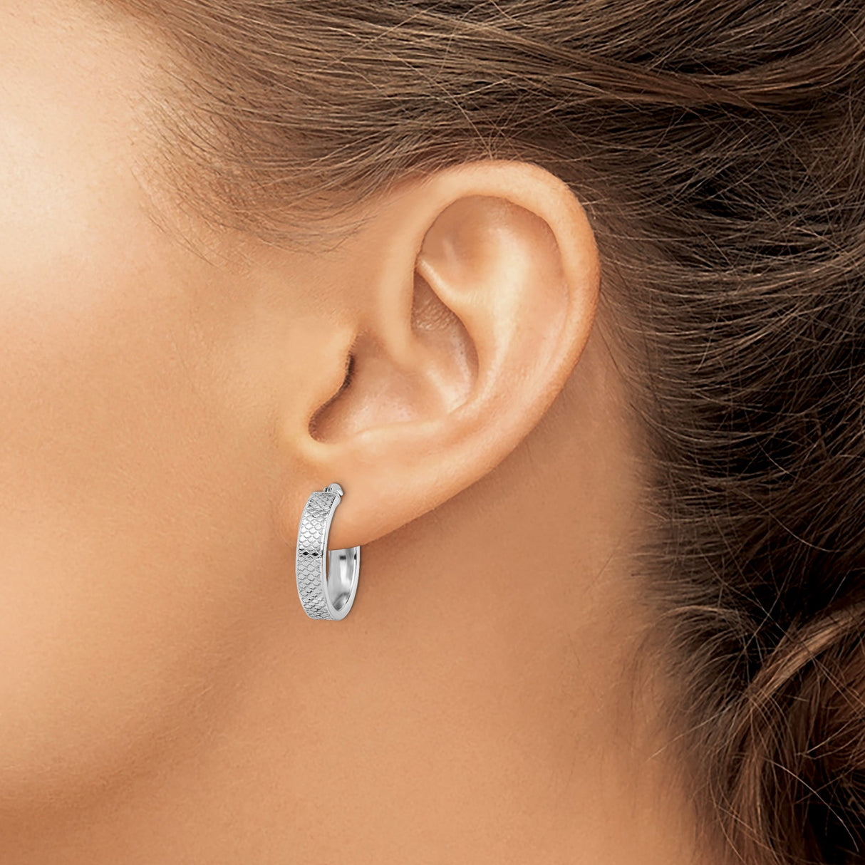 Sterling Silver Hoop Earrings with Textured Fish Scale Pattern and Polished Finish for Women