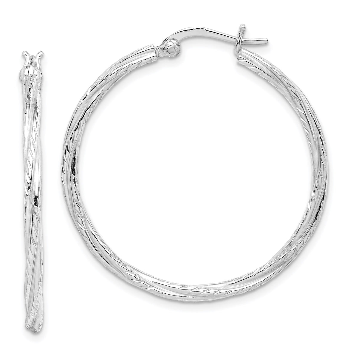 Sterling Silver Twisted Hoop Earrings with Textured Rope Design, Rhodium Plated Medium Size
