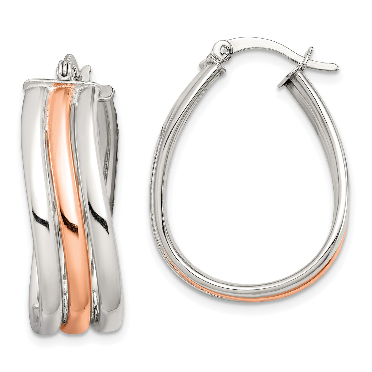 Sterling Silver Twisted Teardrop Hoop Earrings, Two-Tone Rose Gold Finish, Lightweight Design
