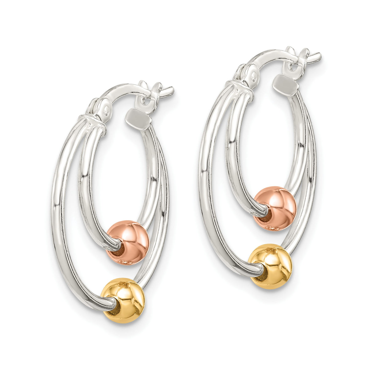 Sterling Silver Hoop Earrings with Double Hoop Design, Yellow Gold Beads, Rose Gold Accents