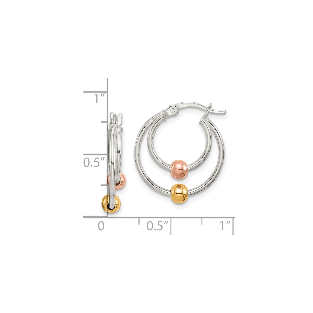Sterling Silver Hoop Earrings with Double Hoop Design, Yellow Gold Beads, Rose Gold Accents