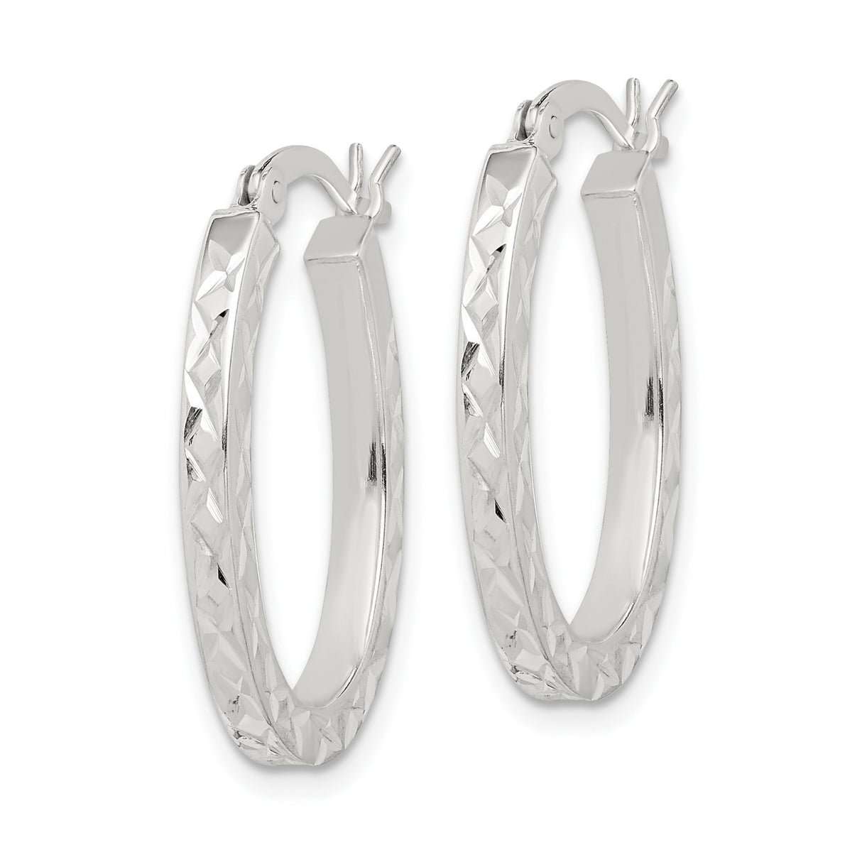 Sterling Silver Oval Hoop Earrings with Diamond Cut Texture, Polished Geometric Design