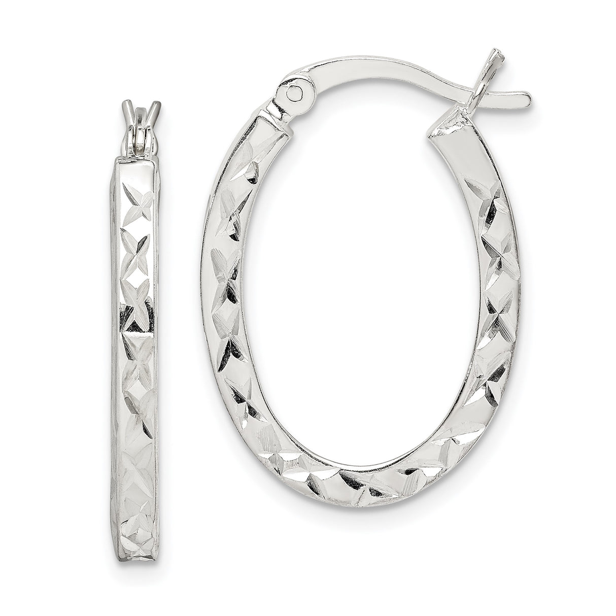 Sterling Silver Oval Hoop Earrings with Diamond Cut Texture, Polished Geometric Design
