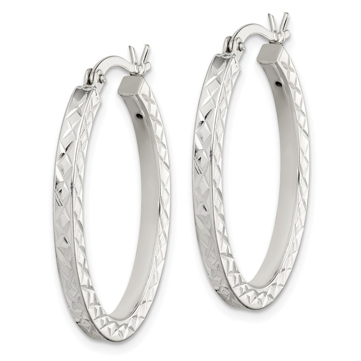 Sterling Silver Oval Hoop Earrings with Diamond Cut Crisscross Texture, Polished Finish