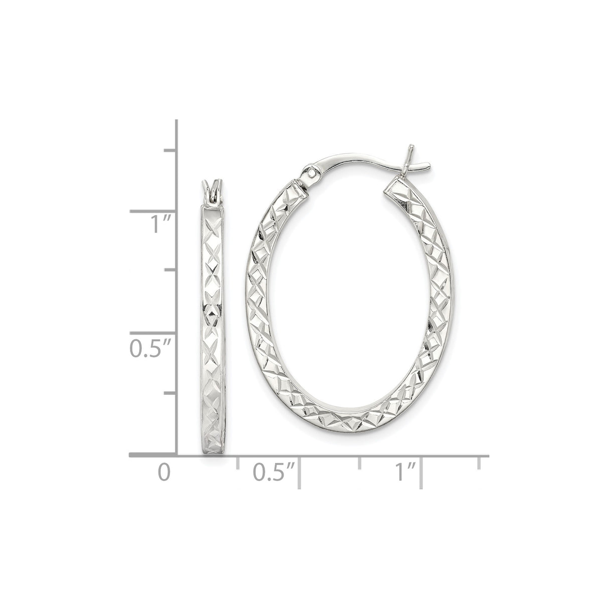 Sterling Silver Oval Hoop Earrings with Diamond Cut Crisscross Texture, Polished Finish