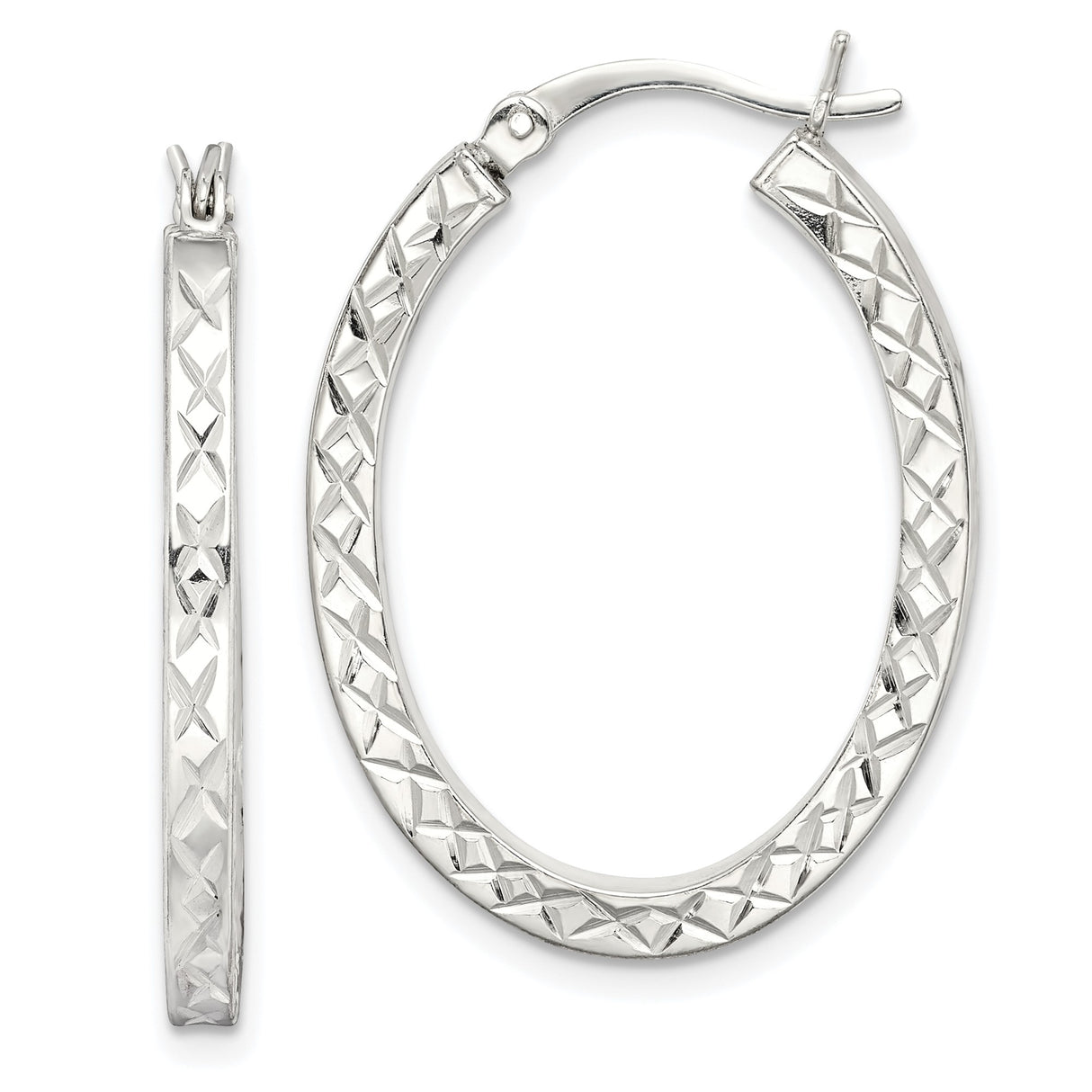 Sterling Silver Oval Hoop Earrings with Diamond Cut Crisscross Texture, Polished Finish