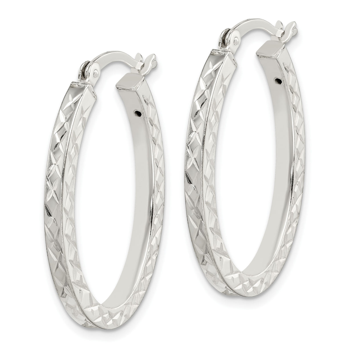 Sterling Silver Oval Hoop Earrings with Diamond Cut Crisscross Pattern