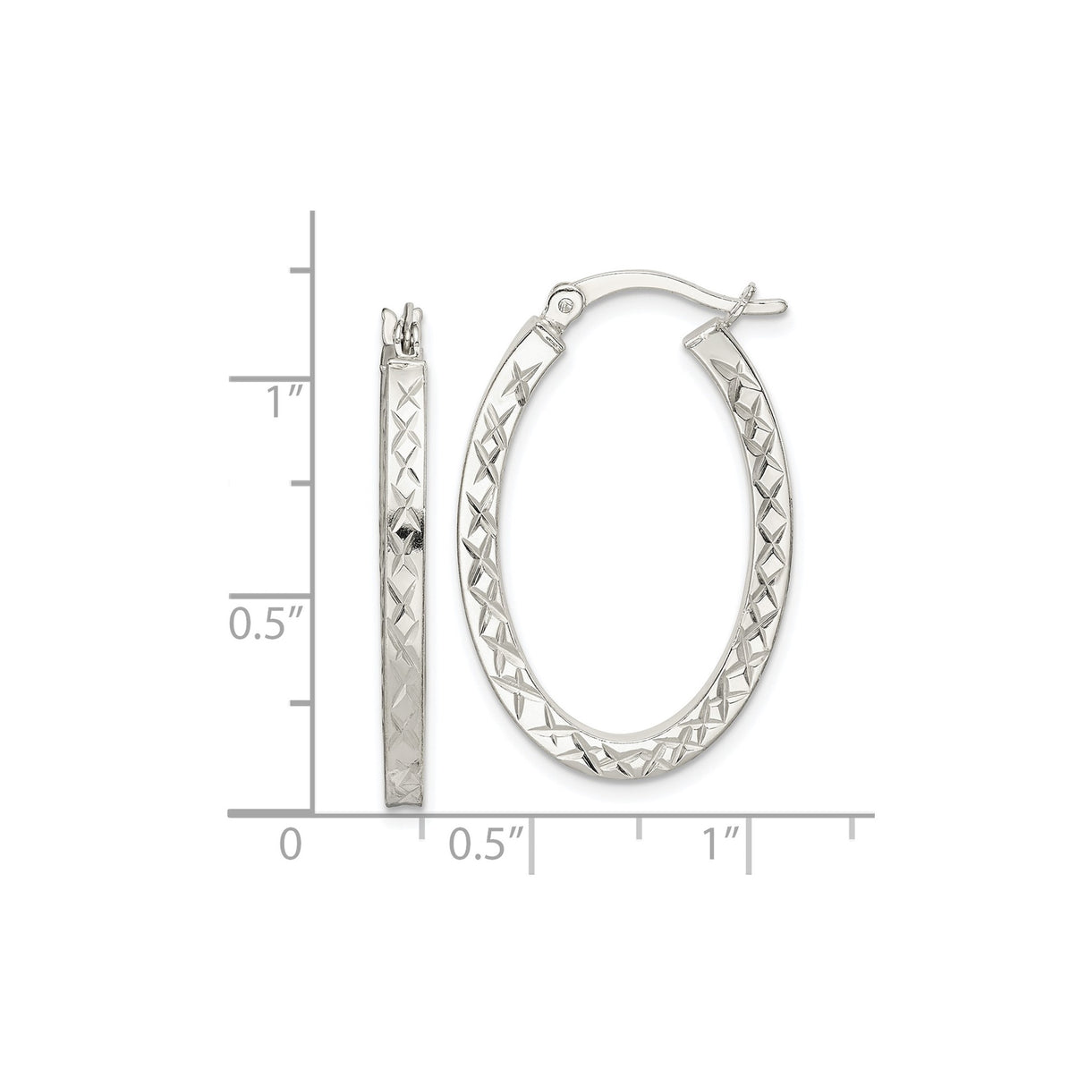 Sterling Silver Oval Hoop Earrings with Diamond Cut Crisscross Pattern