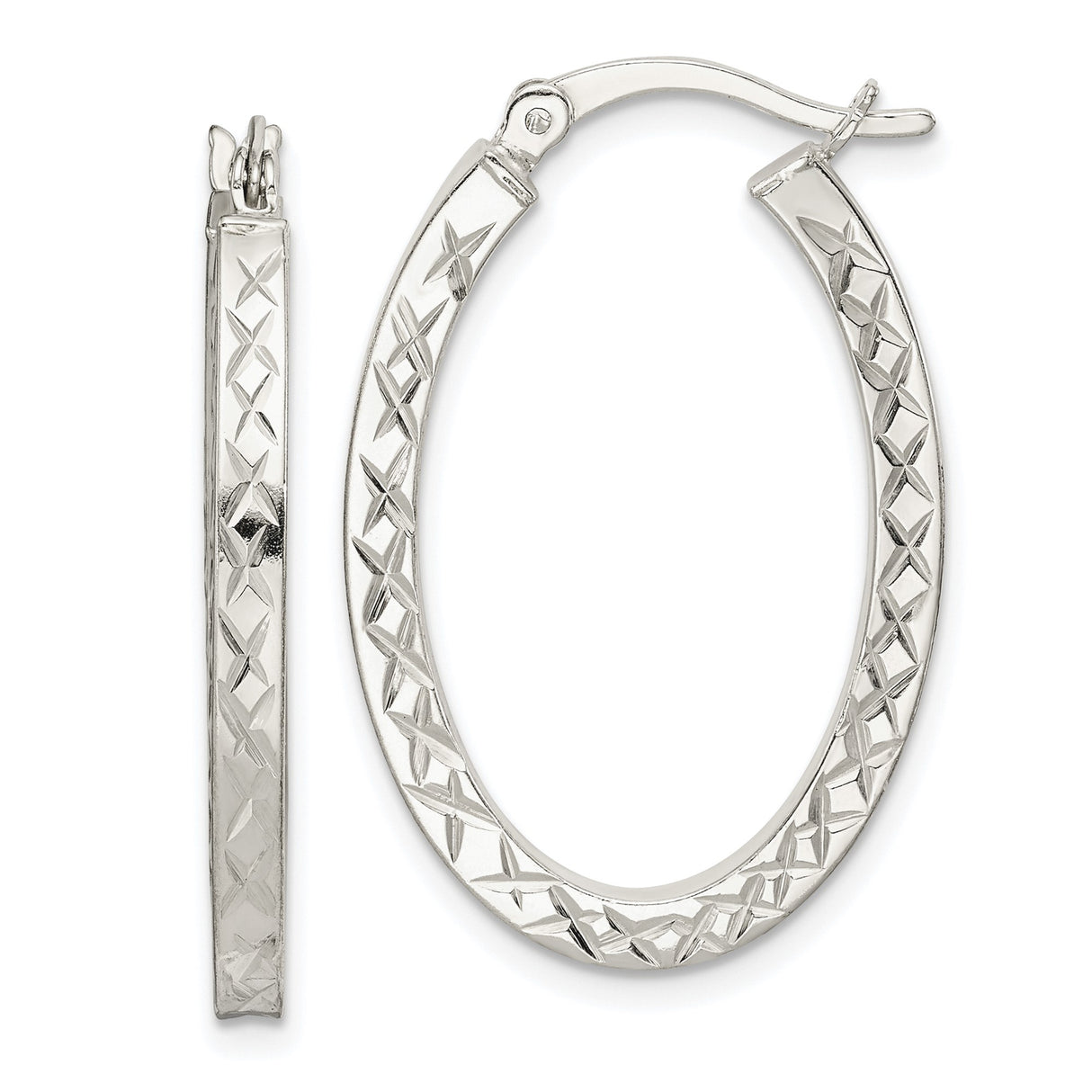 Sterling Silver Oval Hoop Earrings with Diamond Cut Crisscross Pattern
