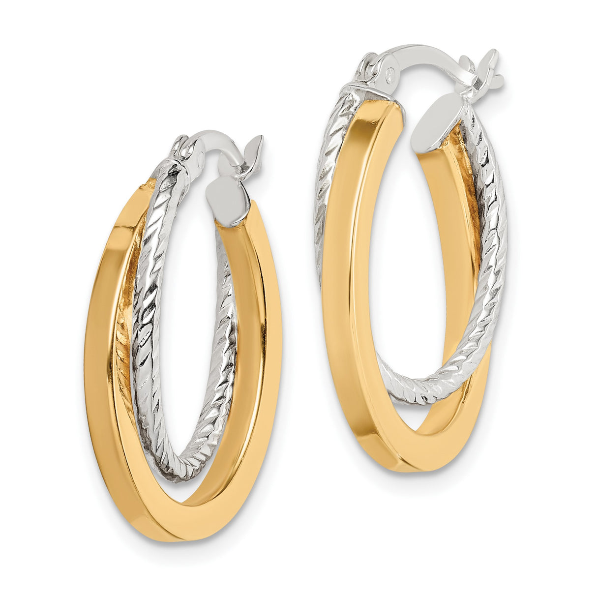 Sterling Silver Twisted Oval Hoop Earrings, Yellow Gold Plated, Dual Tone Textured Design