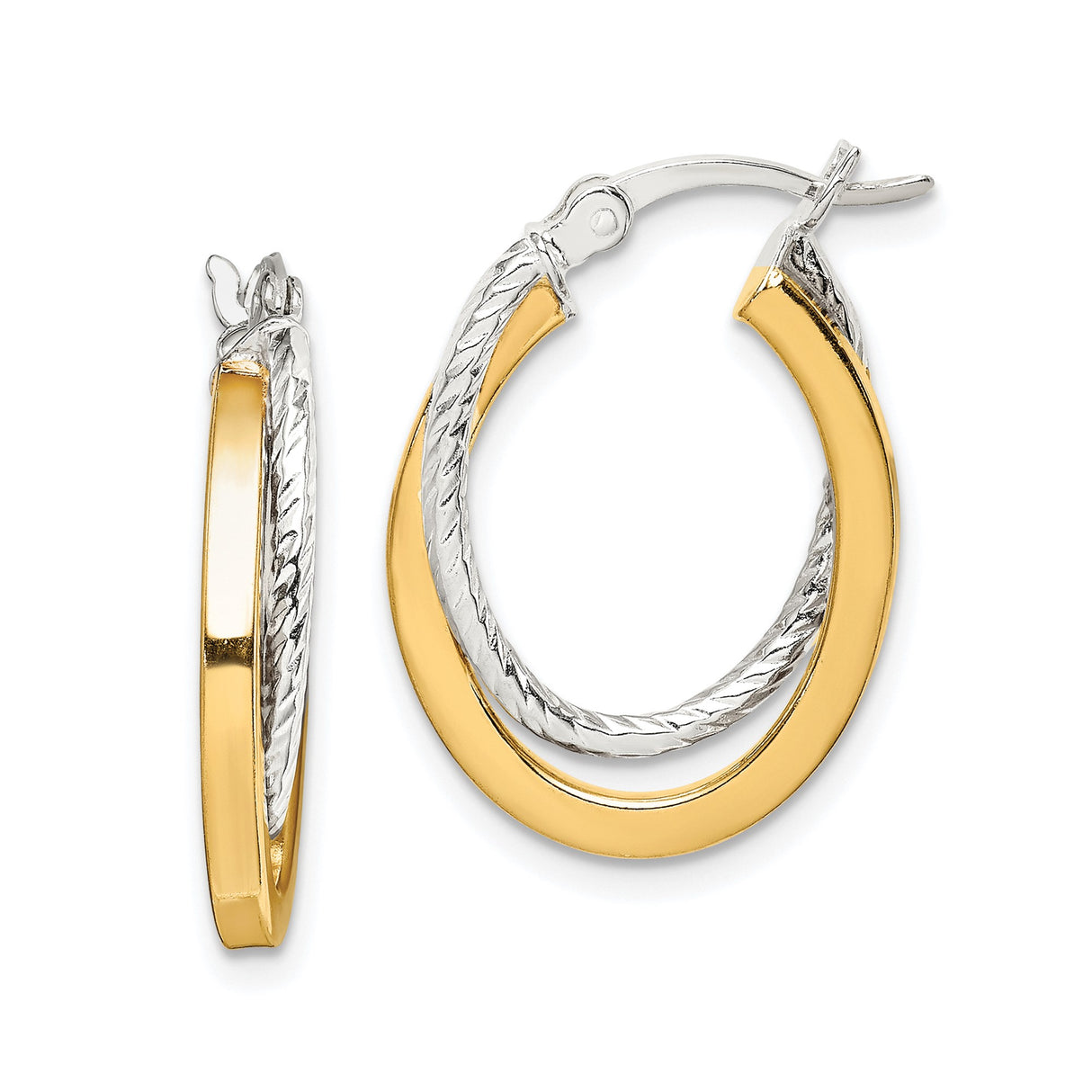 Sterling Silver Twisted Oval Hoop Earrings, Yellow Gold Plated, Dual Tone Textured Design