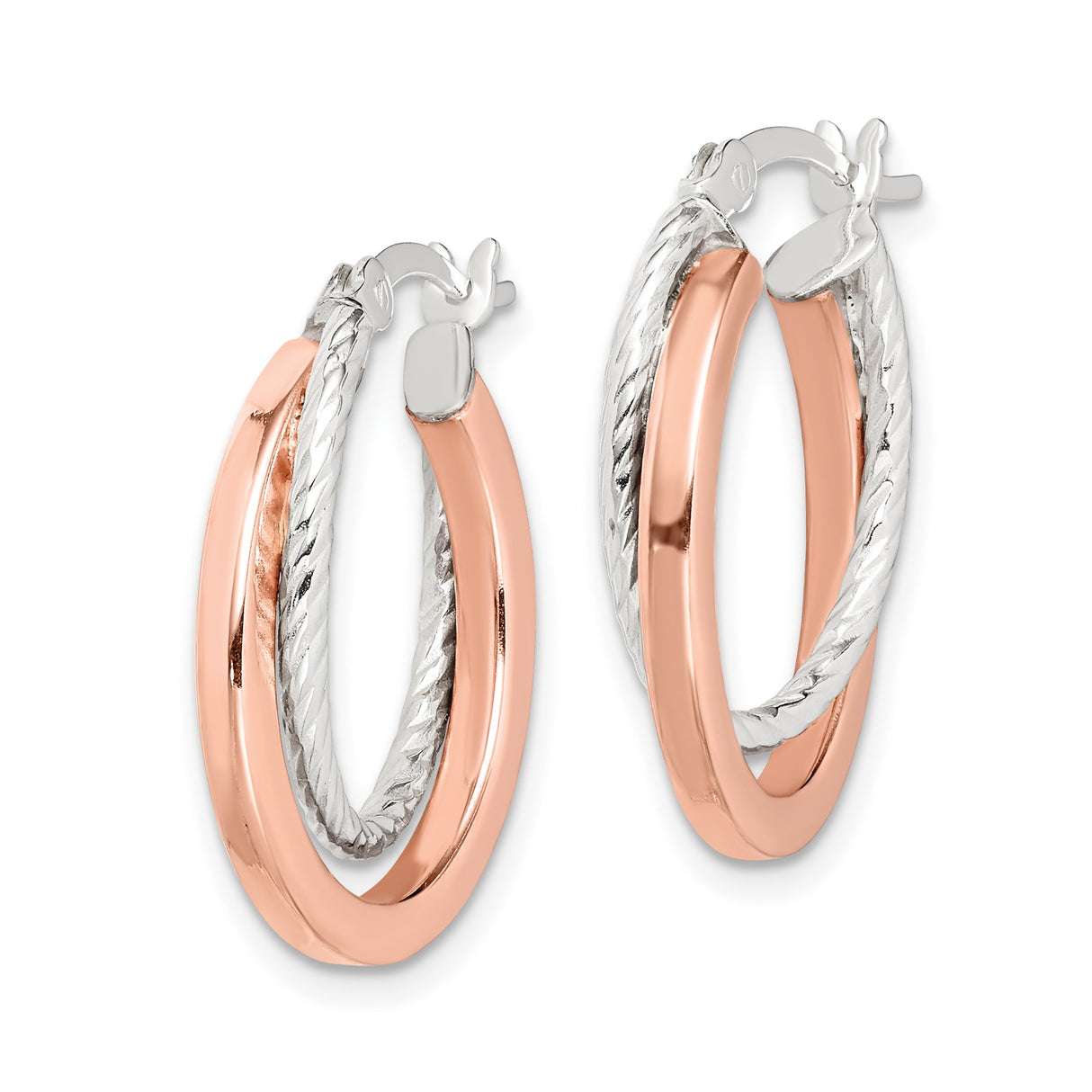 Sterling Silver Twisted Rope Hoop Earrings, Two-Tone Rose Gold Accents, Modern Minimalist Style