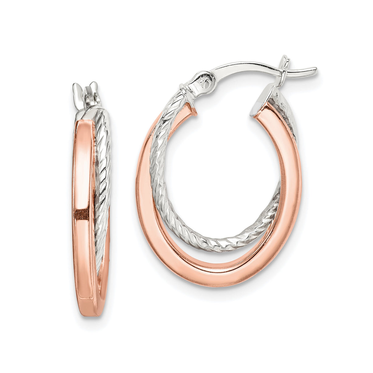 Sterling Silver Twisted Rope Hoop Earrings, Two-Tone Rose Gold Accents, Modern Minimalist Style