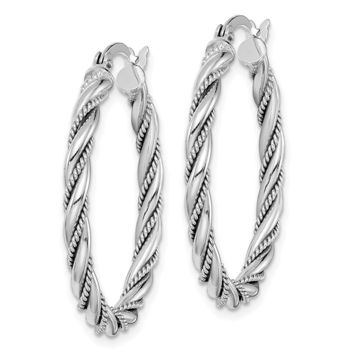Sterling Silver Twisted Hoop Earrings with Rope Style Design and Rhodium Plated Finish