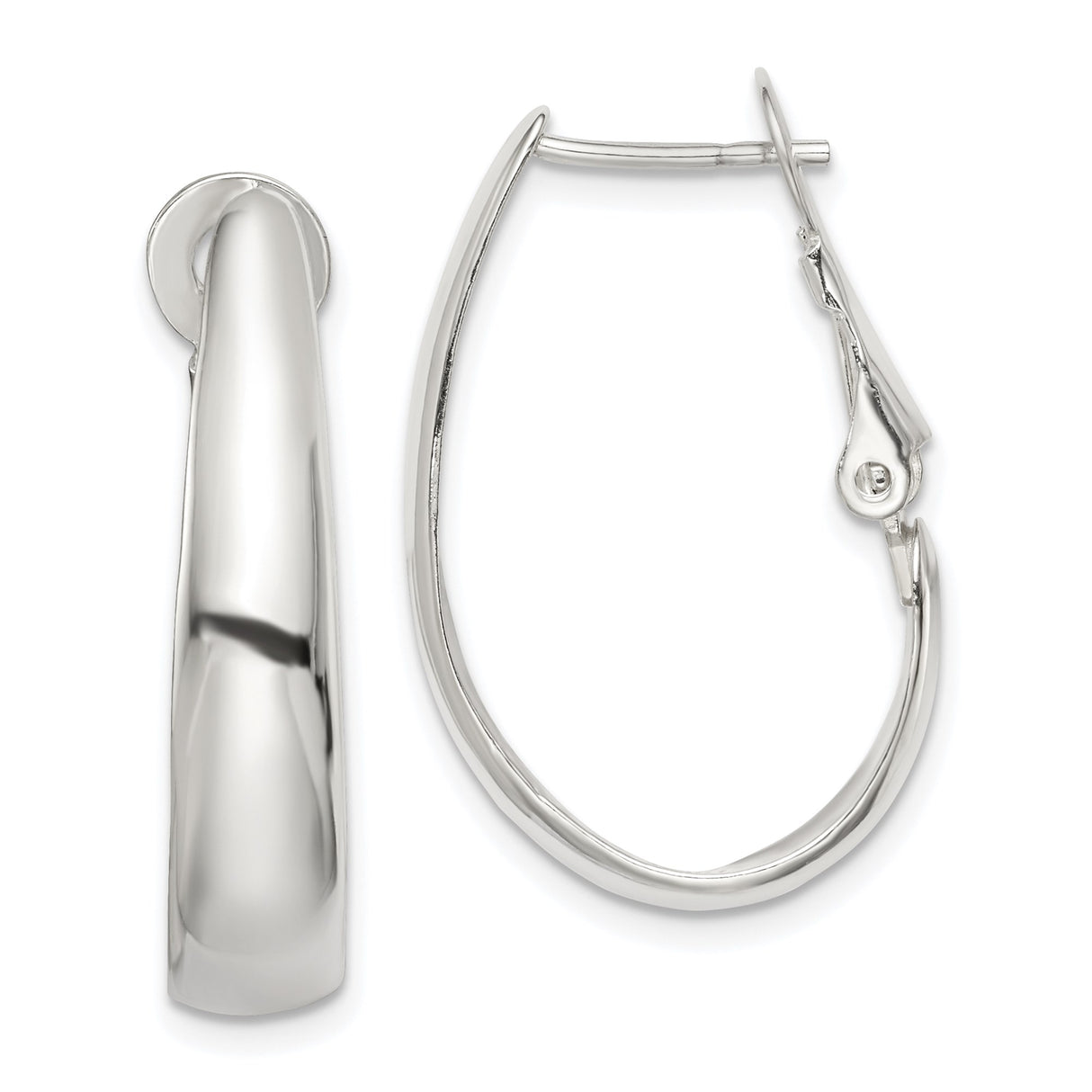 Sterling Silver Teardrop Hoop Earrings with Hinged Snap Closure and High Polish Finish