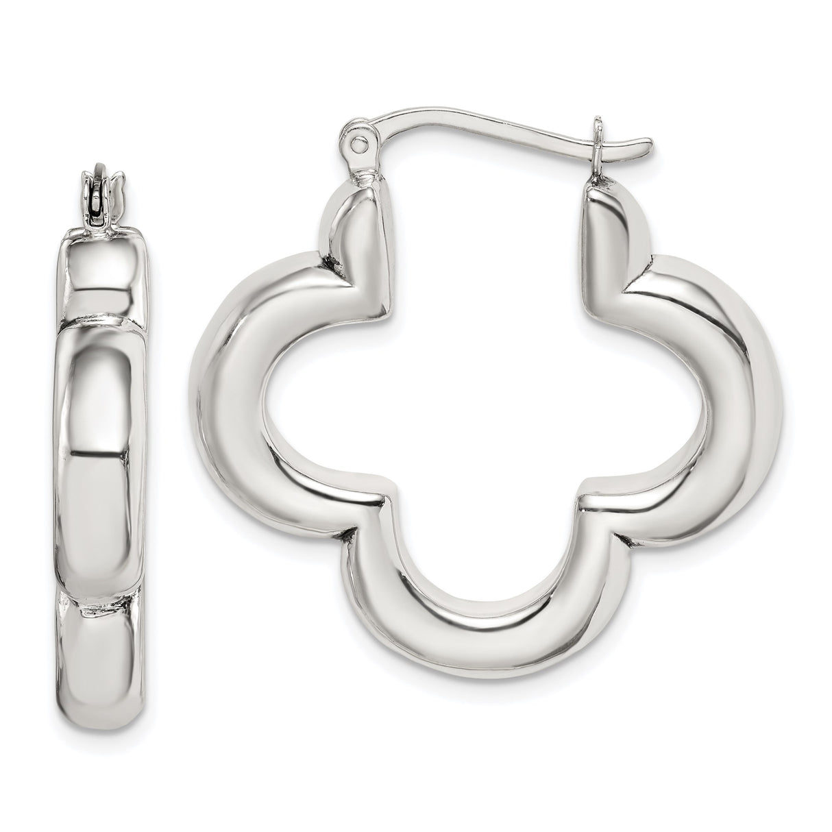 Sterling Silver Clover Hoop Earrings, Quatrefoil Design, Polished Minimalist Style for Women