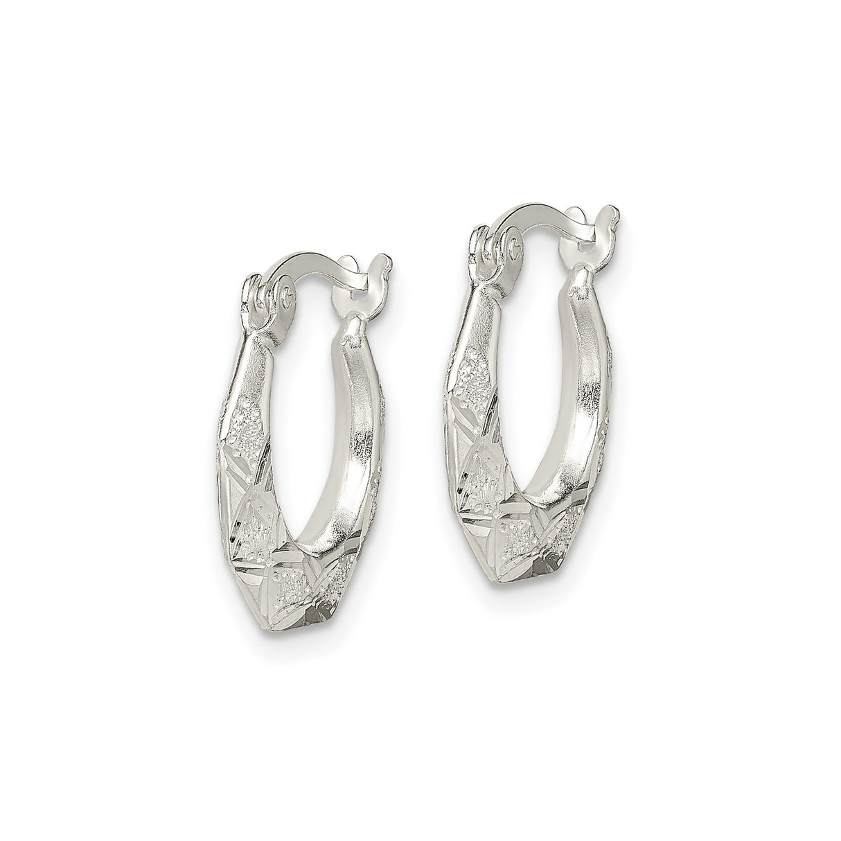 Sterling Silver Hoop Earrings with Faceted Texture and Glitter Accents, Octagonal Hinged Design